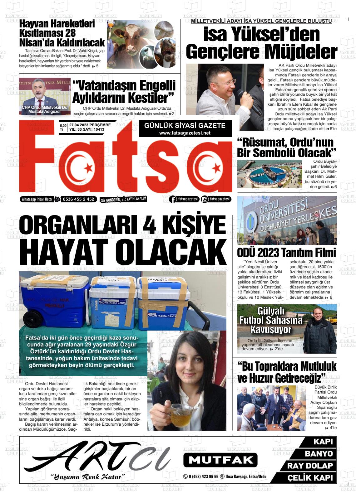 27 Nisan 2023 Fatsa Gazete Manşeti