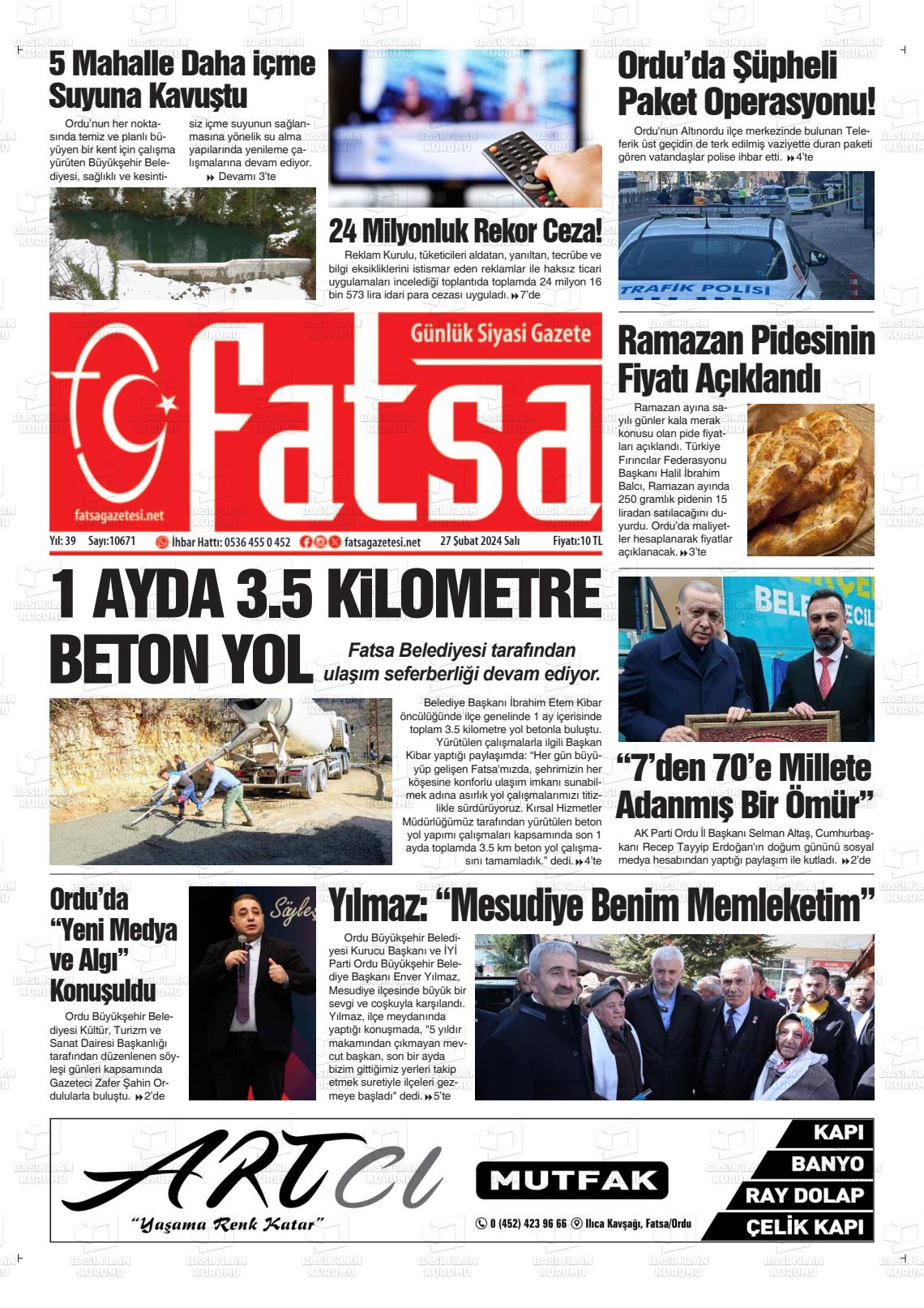 27 Şubat 2024 Fatsa Gazete Manşeti