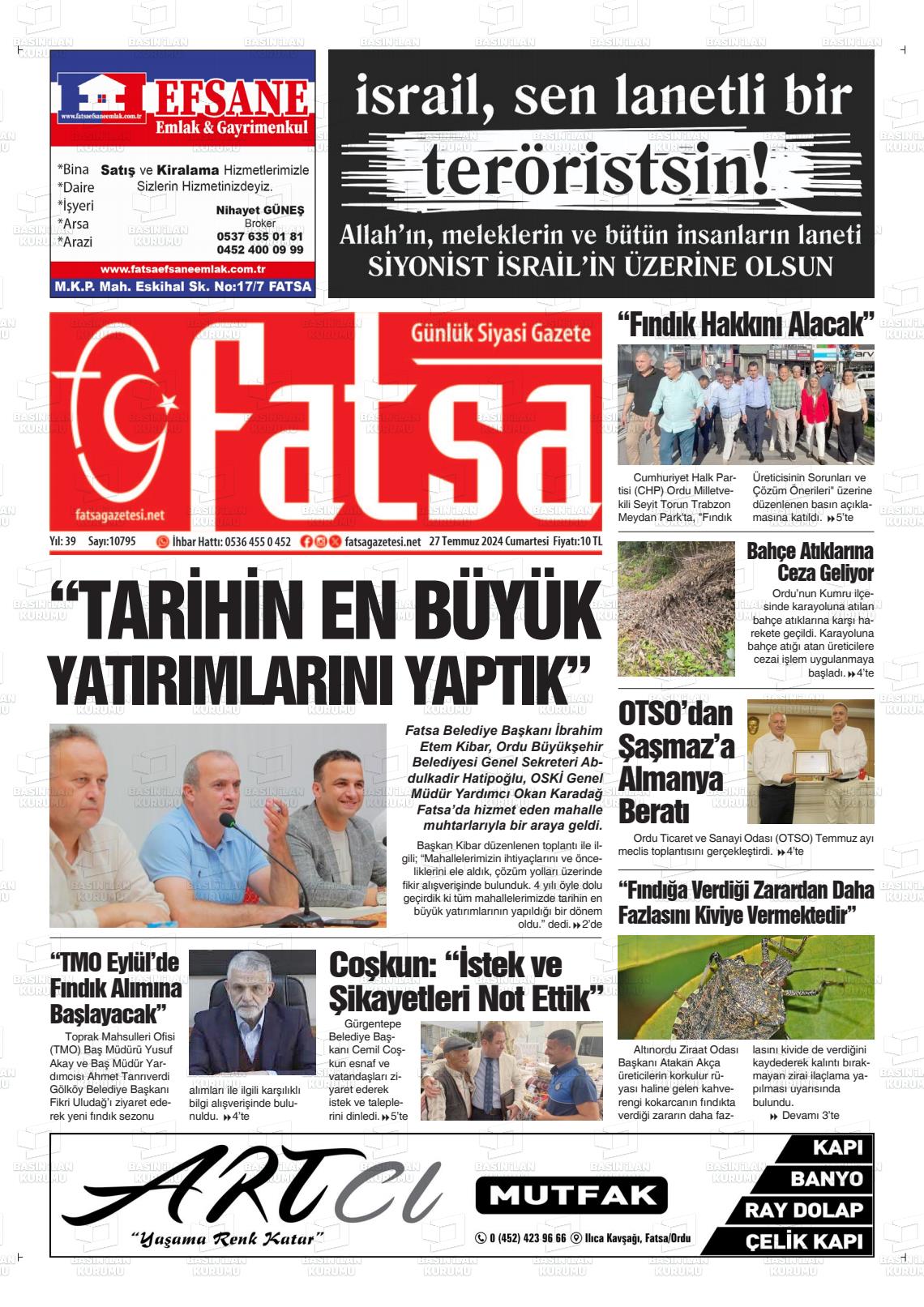27 Temmuz 2024 Fatsa Gazete Manşeti
