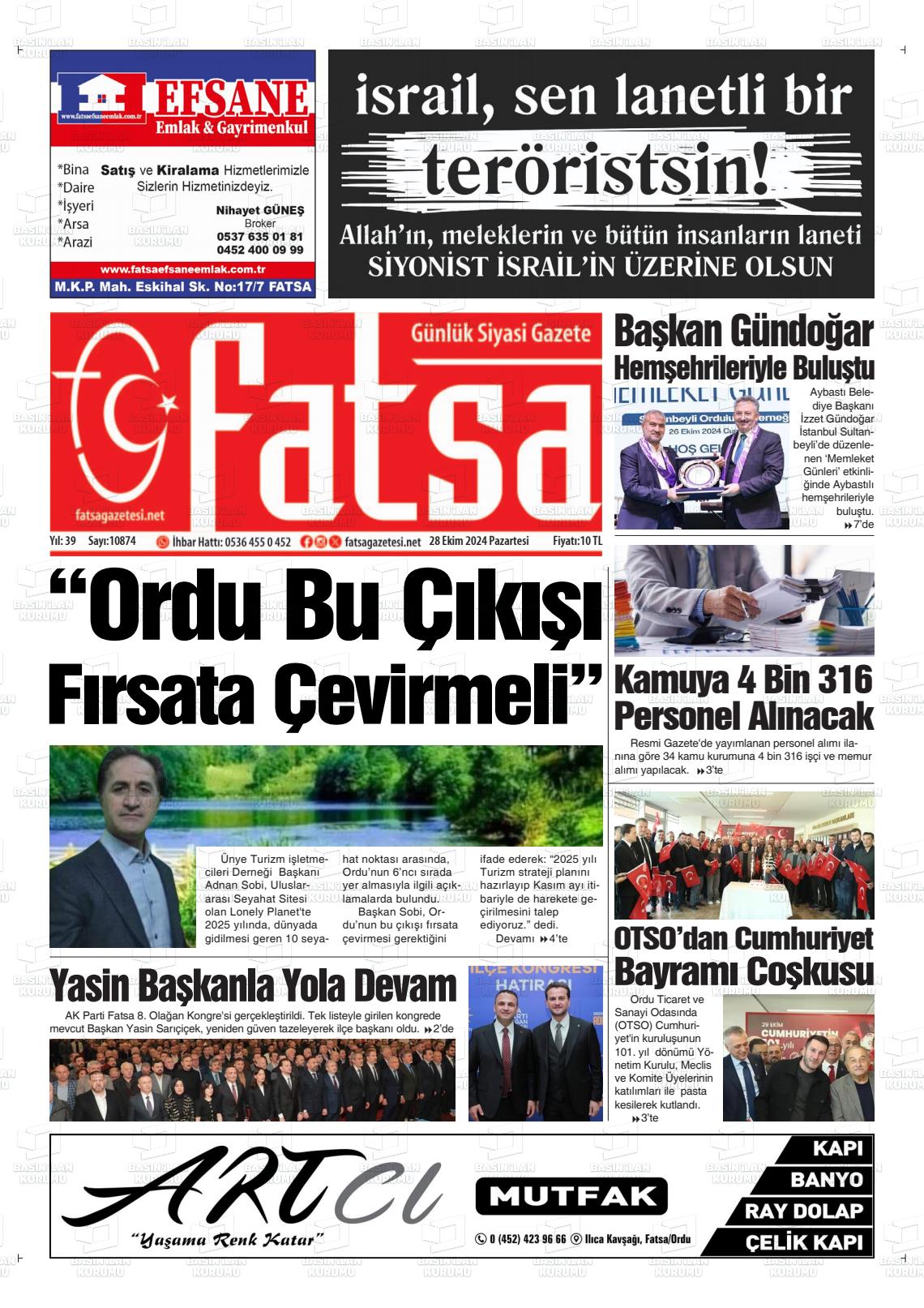 28 Ekim 2024 Fatsa Gazete Manşeti