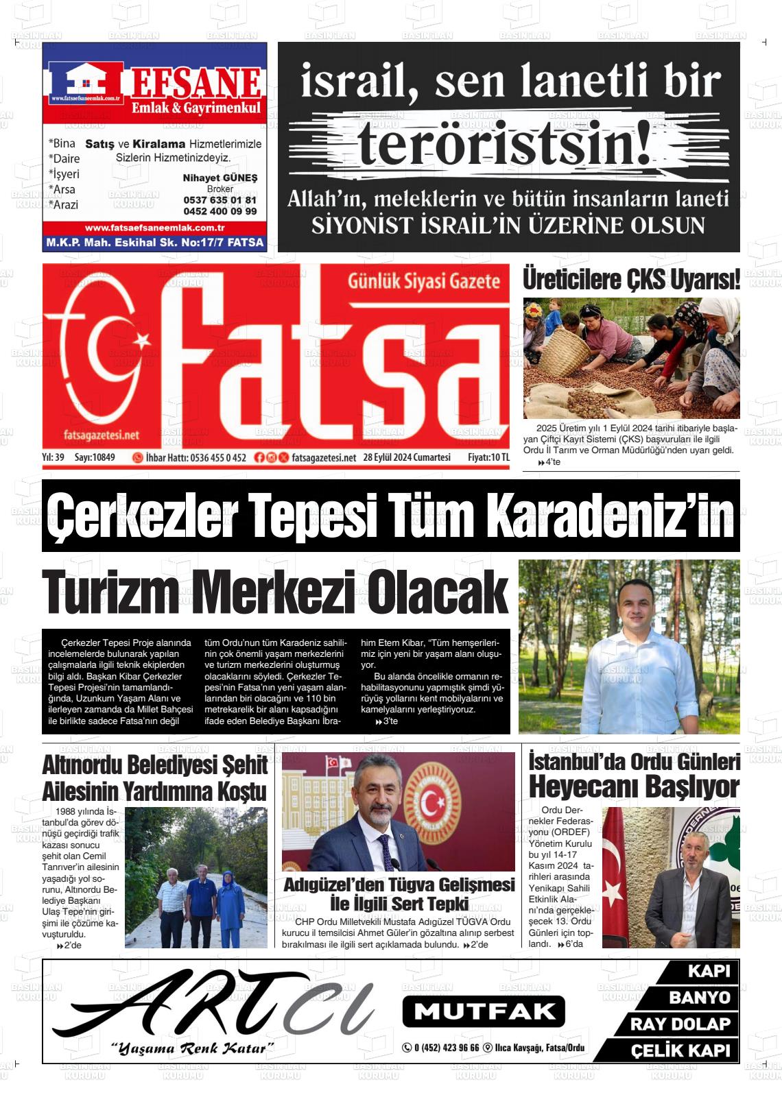 28 Eylül 2024 Fatsa Gazete Manşeti