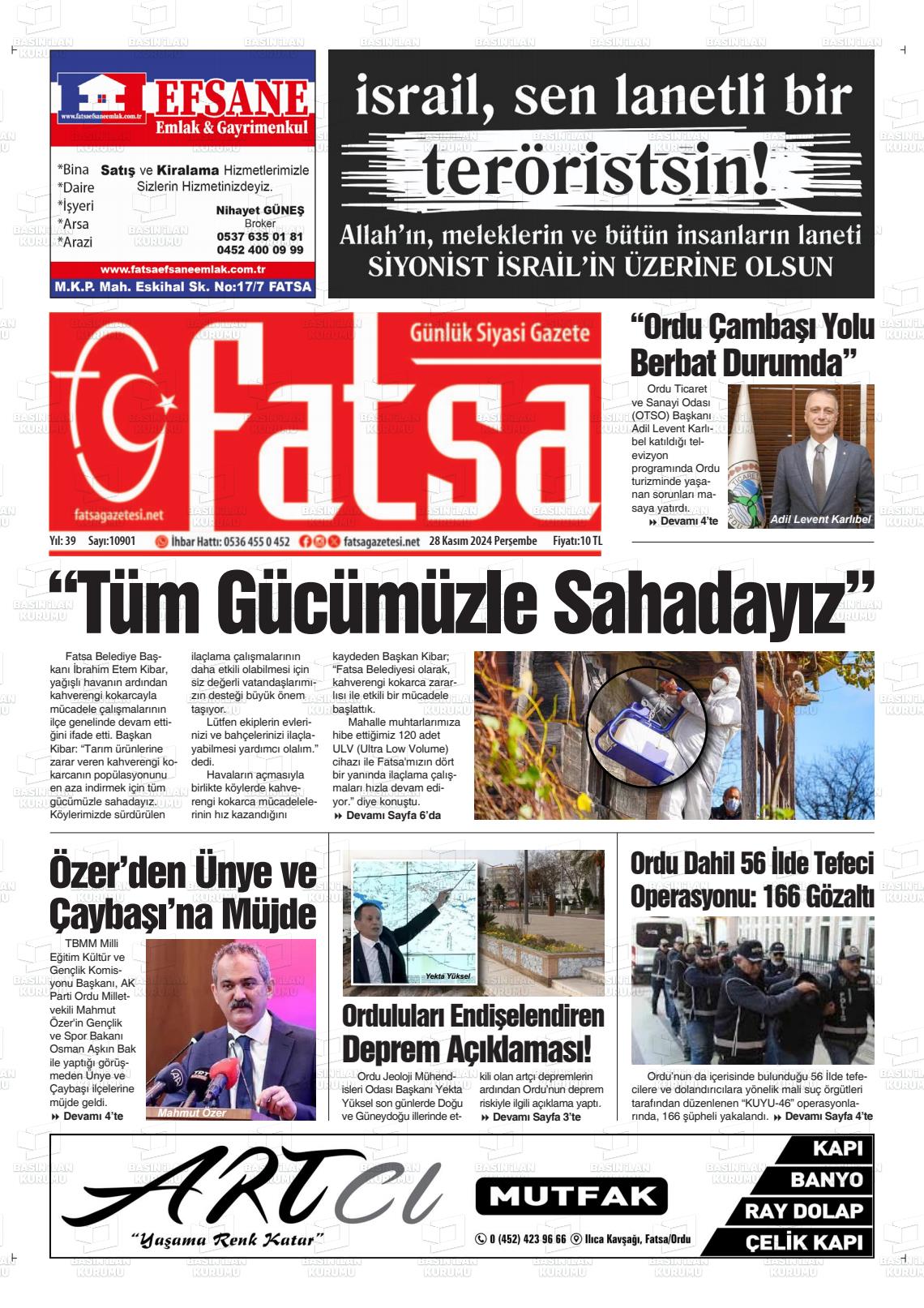 02 Aralık 2024 Fatsa Gazete Manşeti