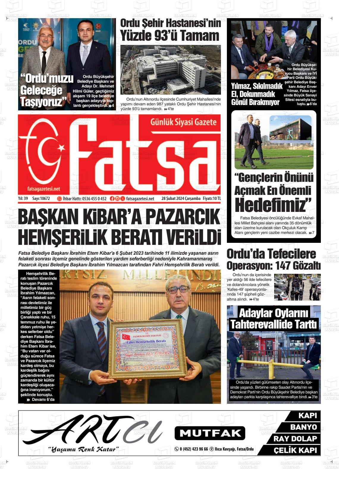 28 Şubat 2024 Fatsa Gazete Manşeti