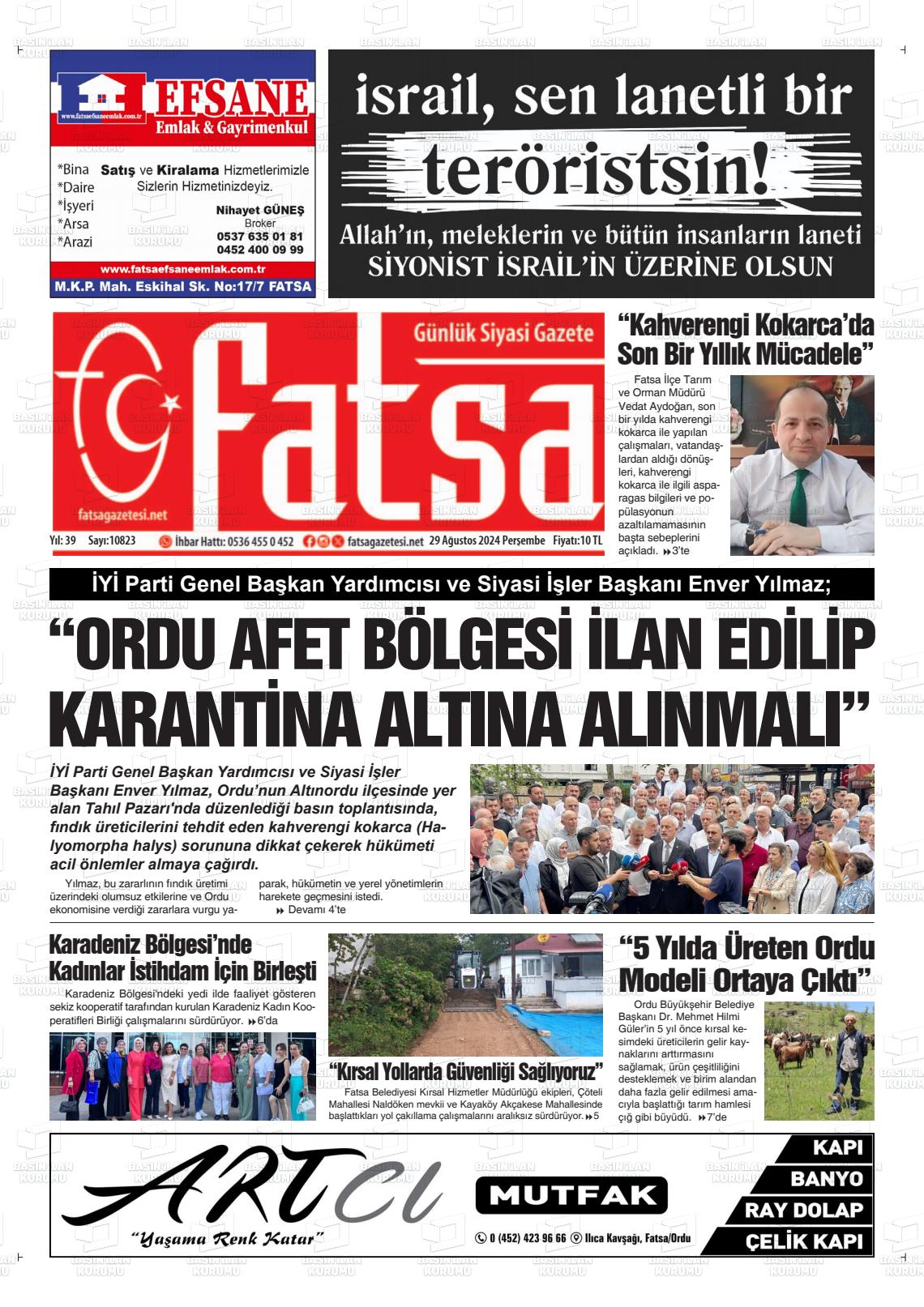 29 Ağustos 2024 Fatsa Gazete Manşeti