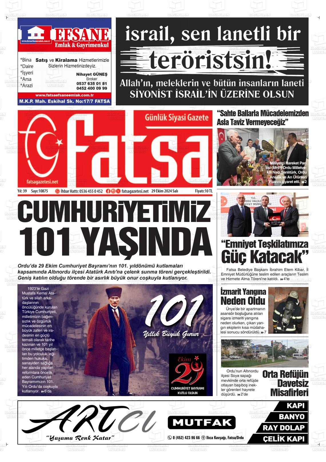 29 Ekim 2024 Fatsa Gazete Manşeti