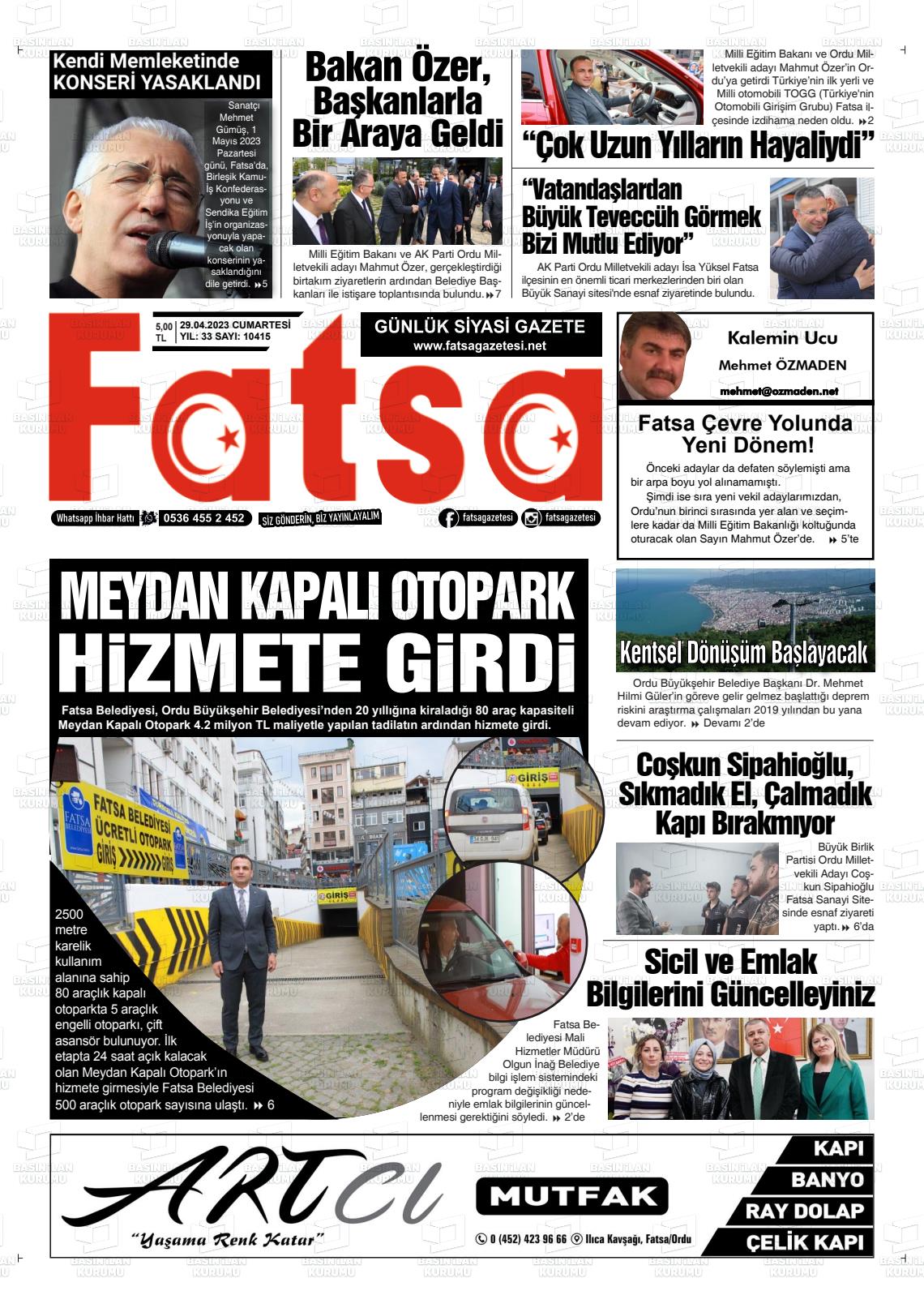 29 Nisan 2023 Fatsa Gazete Manşeti