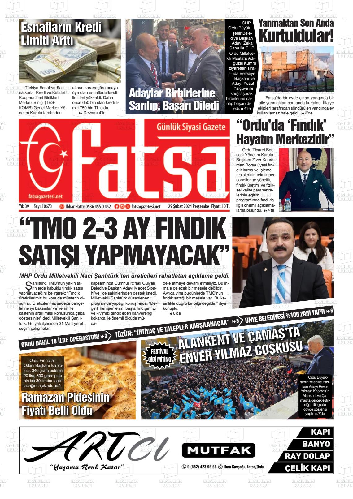 29 Şubat 2024 Fatsa Gazete Manşeti