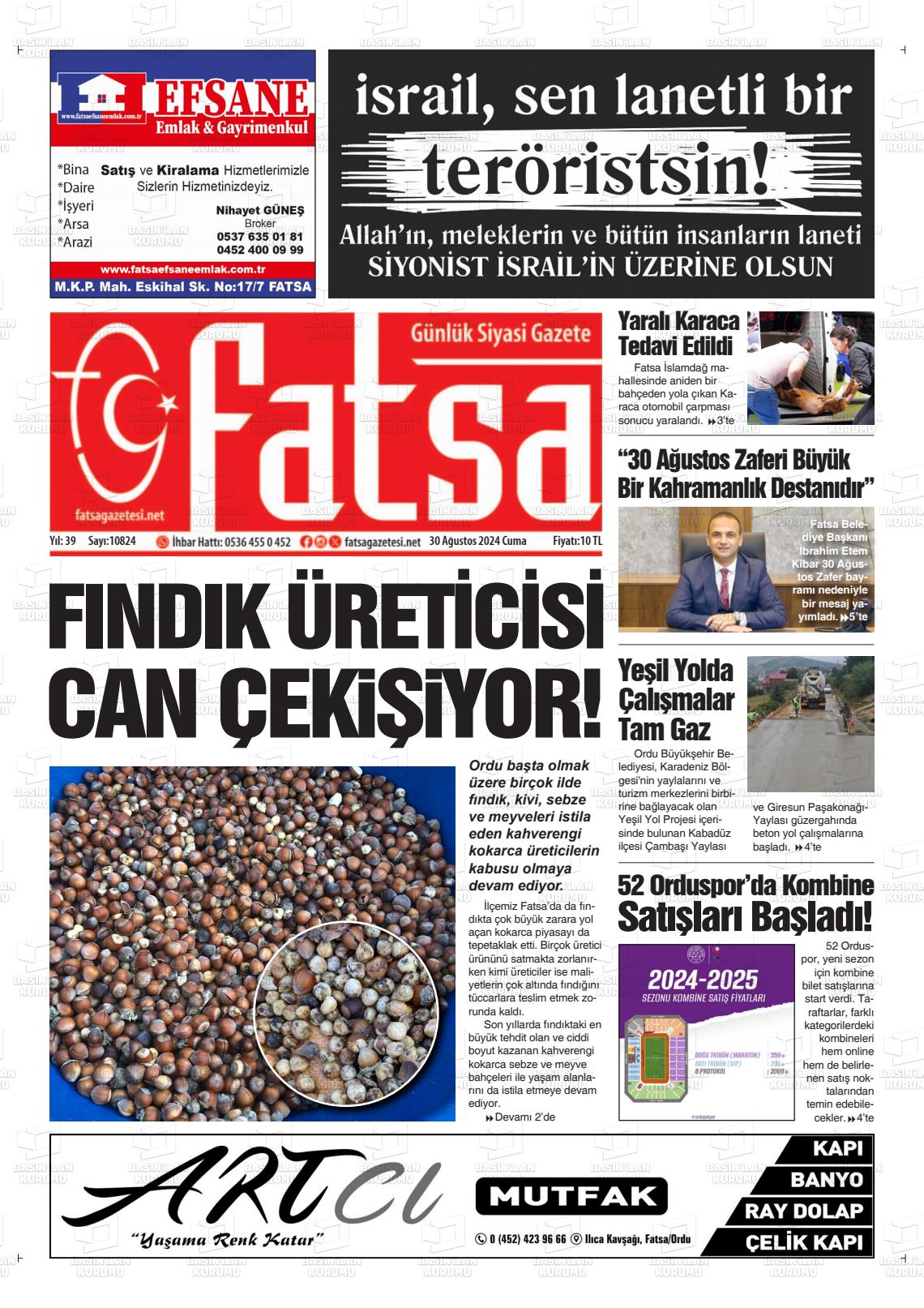 30 Ağustos 2024 Fatsa Gazete Manşeti