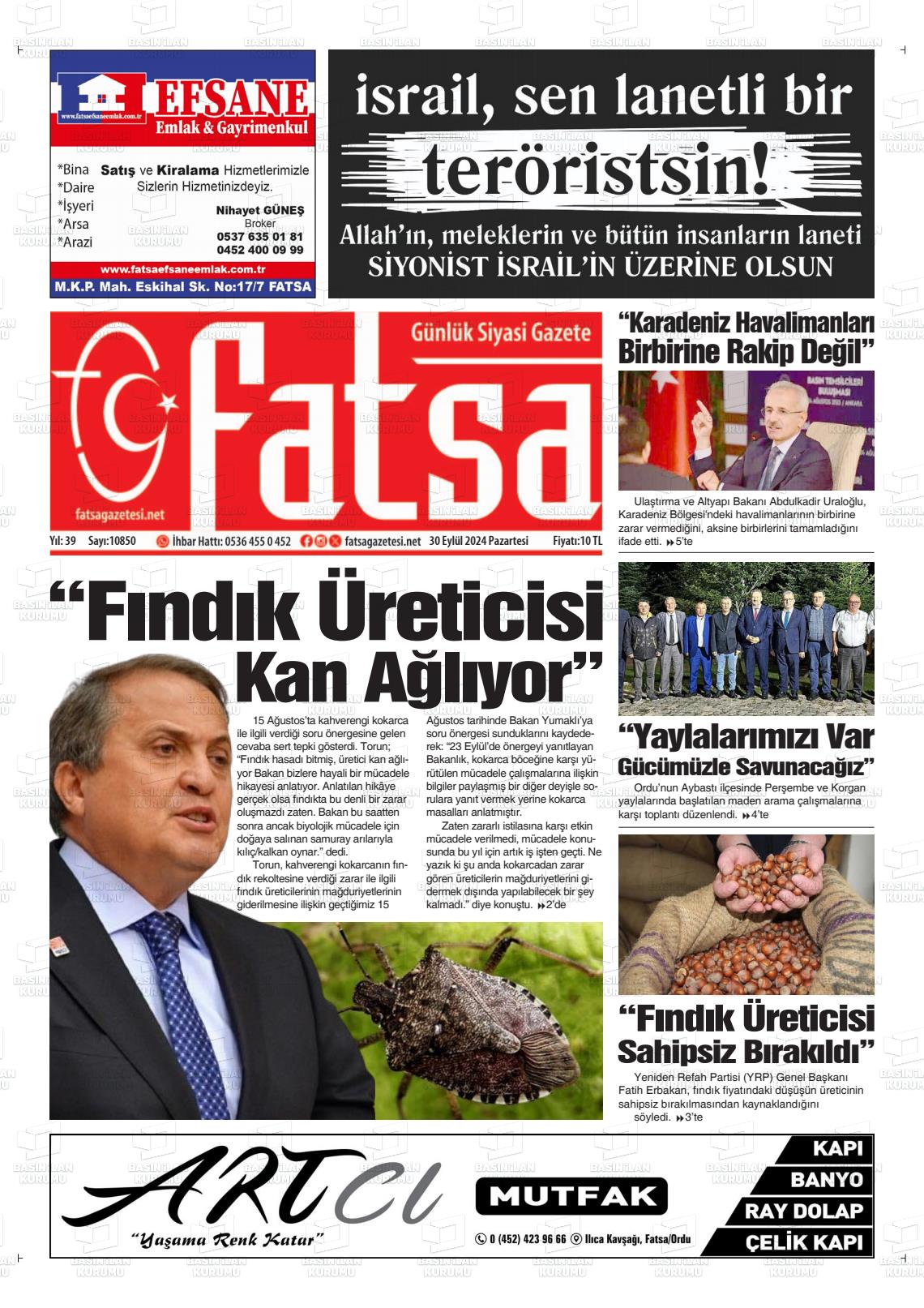 30 Eylül 2024 Fatsa Gazete Manşeti