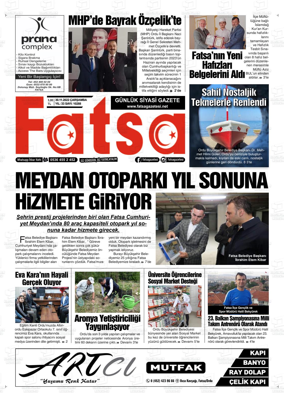 30 Kasım 2022 Fatsa Gazete Manşeti