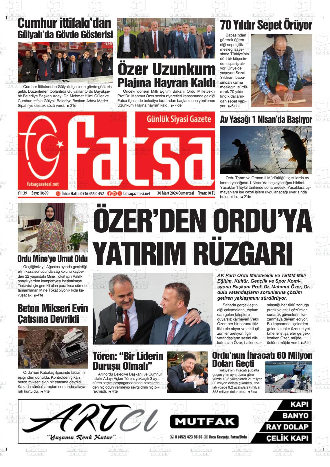 30 Mart 2024 Fatsa Gazete Manşeti