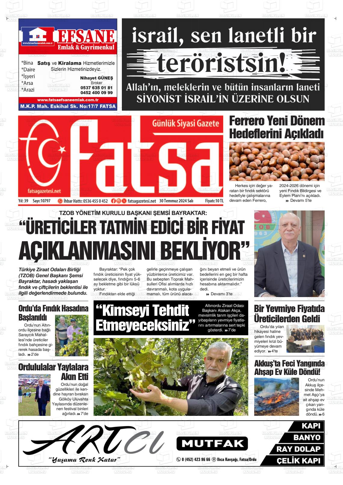 30 Temmuz 2024 Fatsa Gazete Manşeti