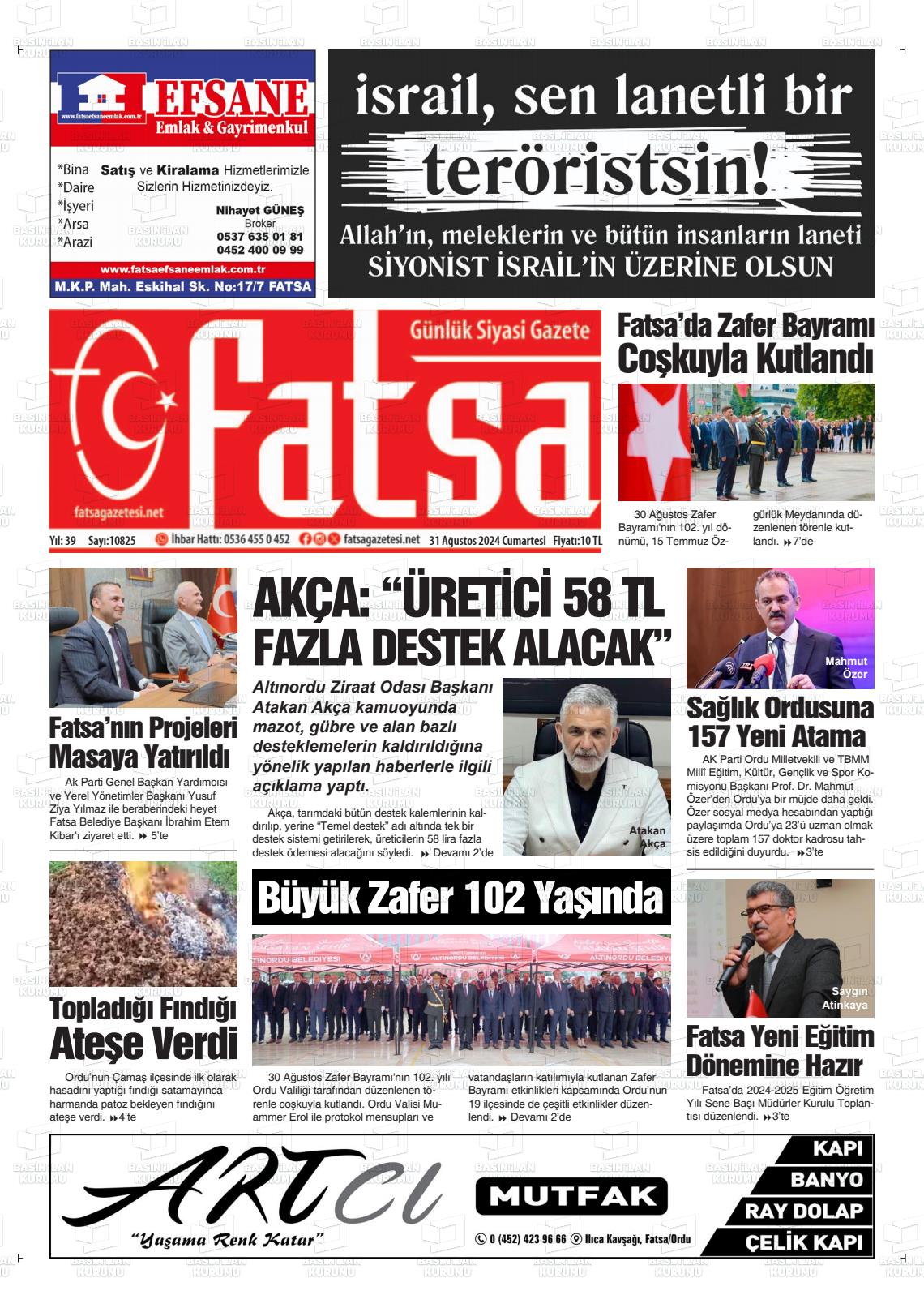 31 Ağustos 2024 Fatsa Gazete Manşeti