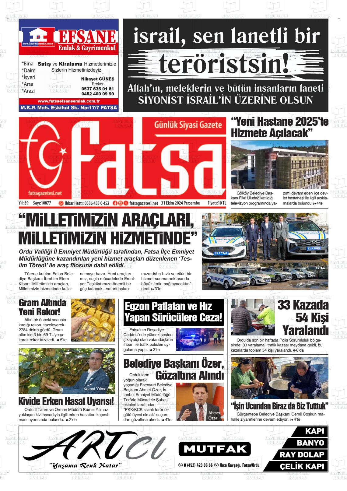 31 Ekim 2024 Fatsa Gazete Manşeti