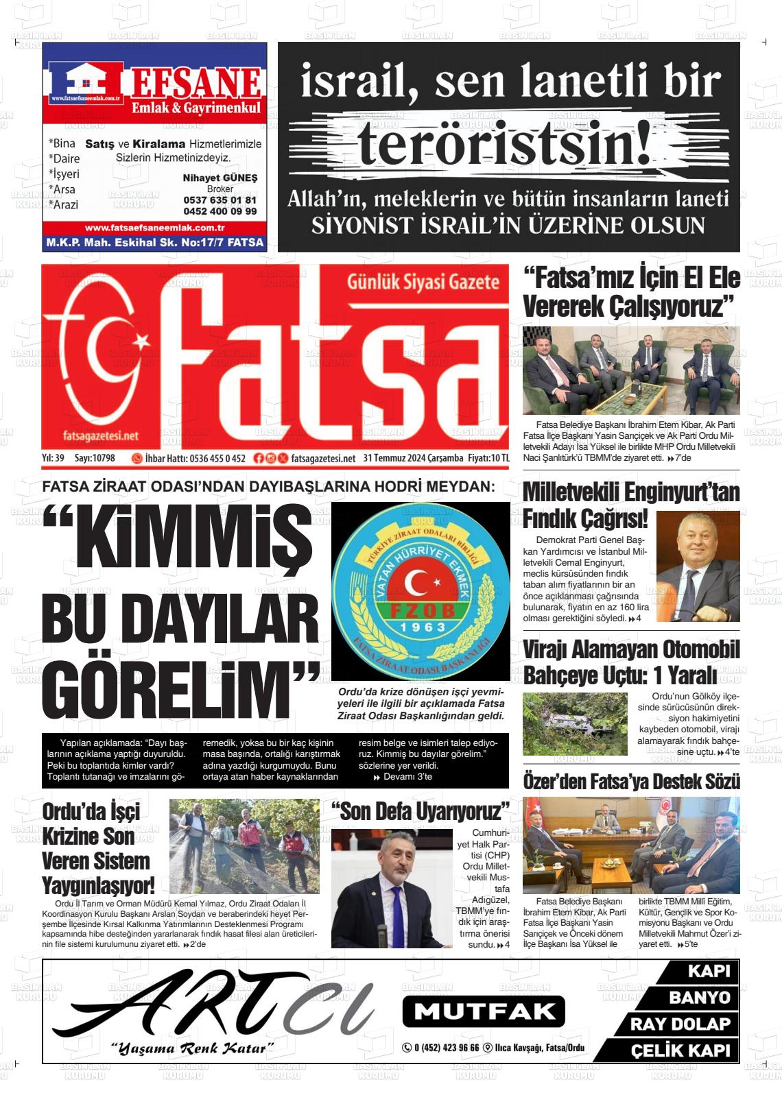 31 Temmuz 2024 Fatsa Gazete Manşeti