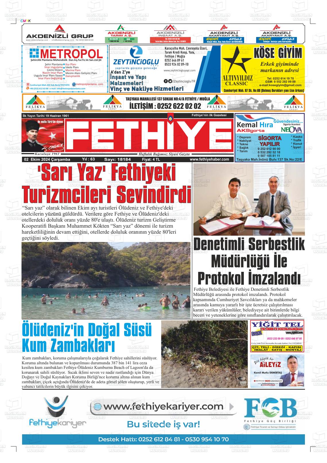 02 Ekim 2024 Fethiye Gazete Manşeti