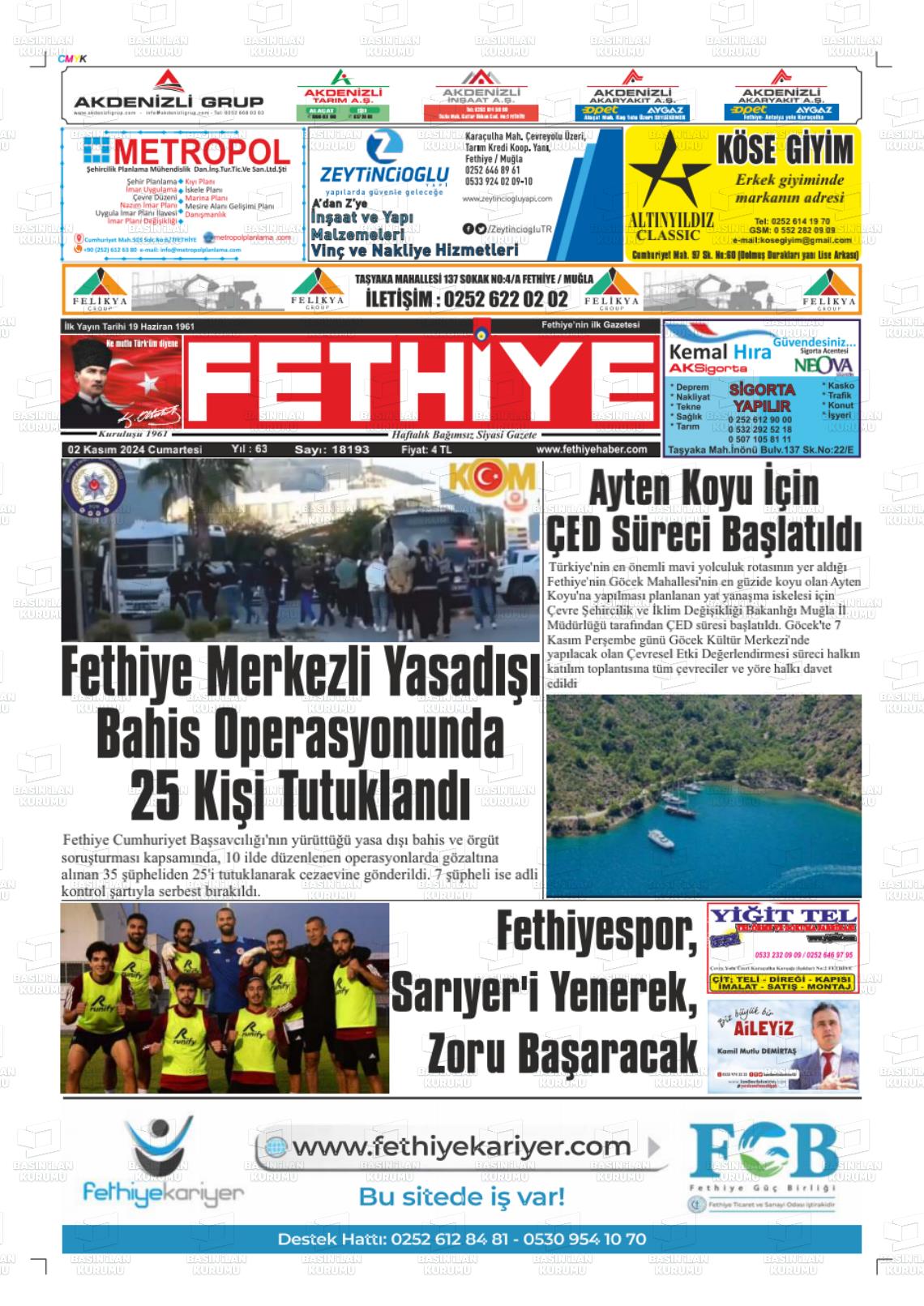 02 Kasım 2024 Fethiye Gazete Manşeti