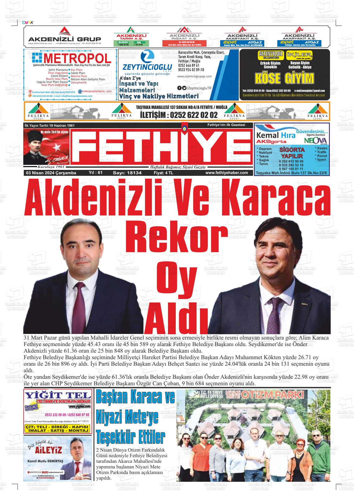 03 Nisan 2024 Fethiye Gazete Manşeti