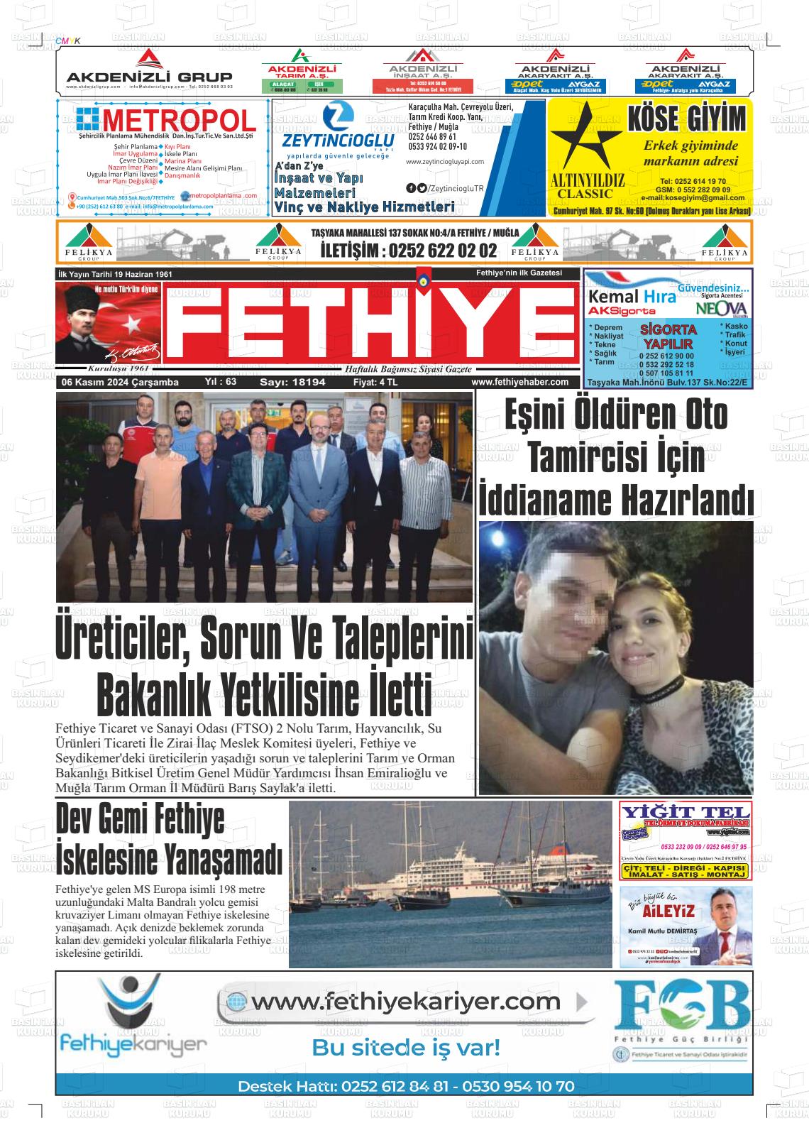 06 Kasım 2024 Fethiye Gazete Manşeti