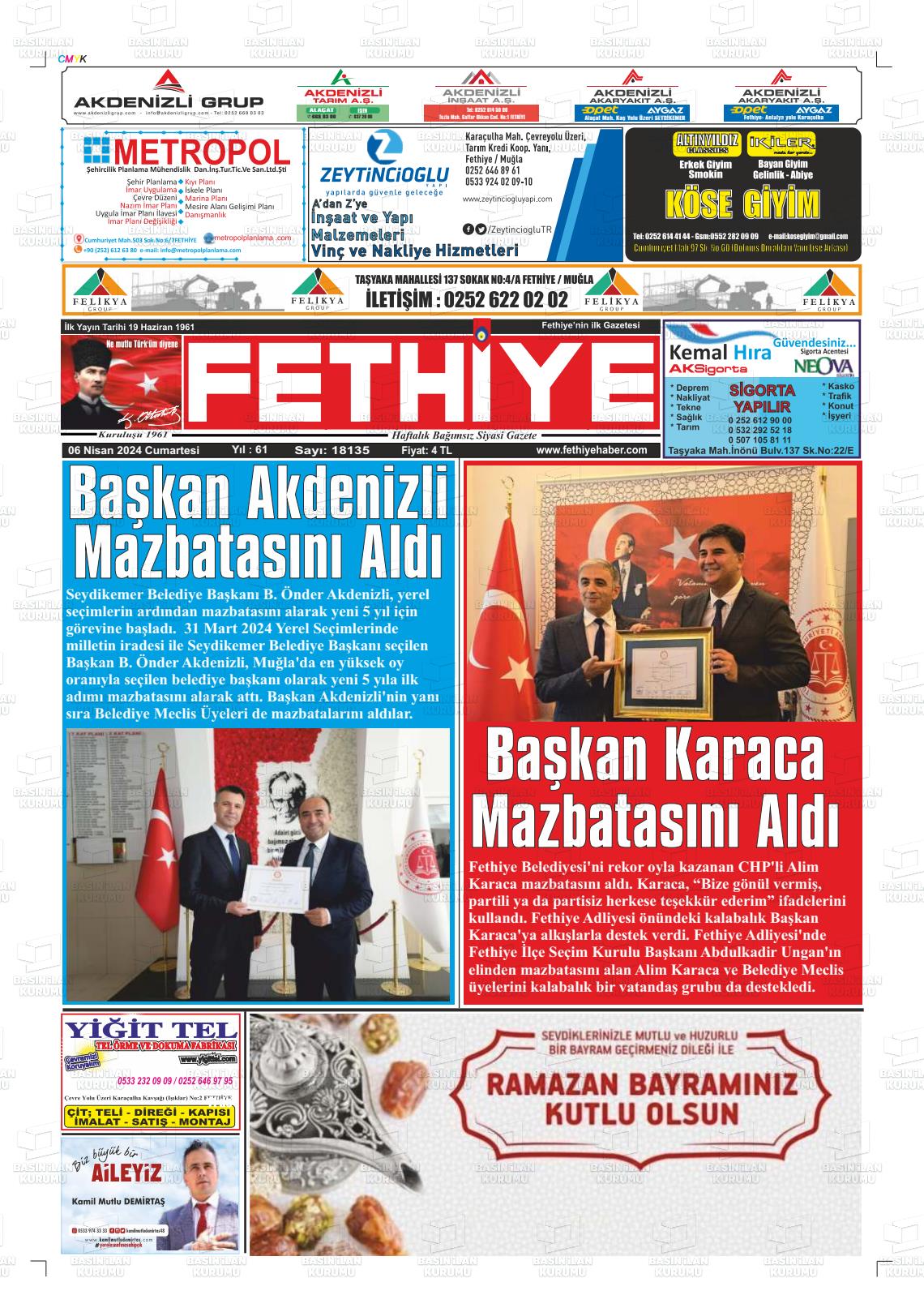 06 Nisan 2024 Fethiye Gazete Manşeti