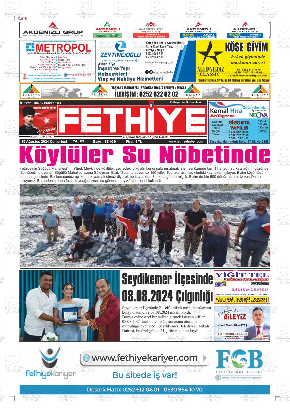 10 Ağustos 2024 Fethiye Gazete Manşeti