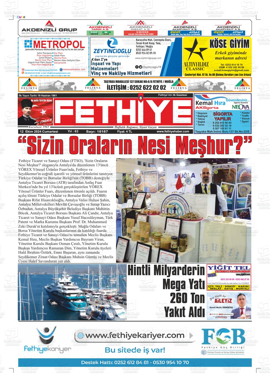 12 Ekim 2024 Fethiye Gazete Manşeti