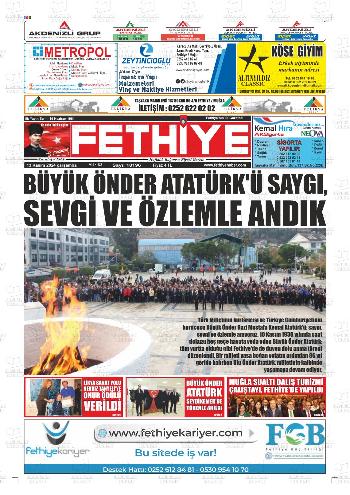 13 Kasım 2024 Fethiye Gazete Manşeti