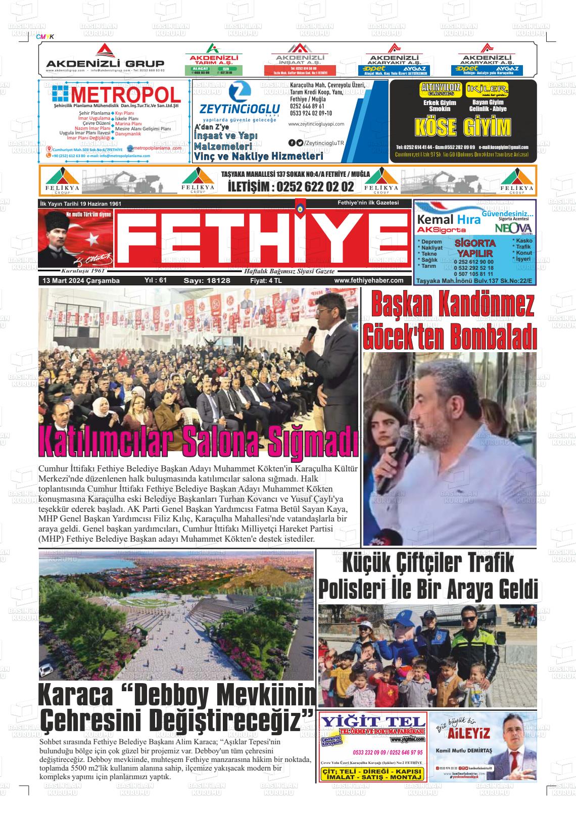 13 Mart 2024 Fethiye Gazete Manşeti