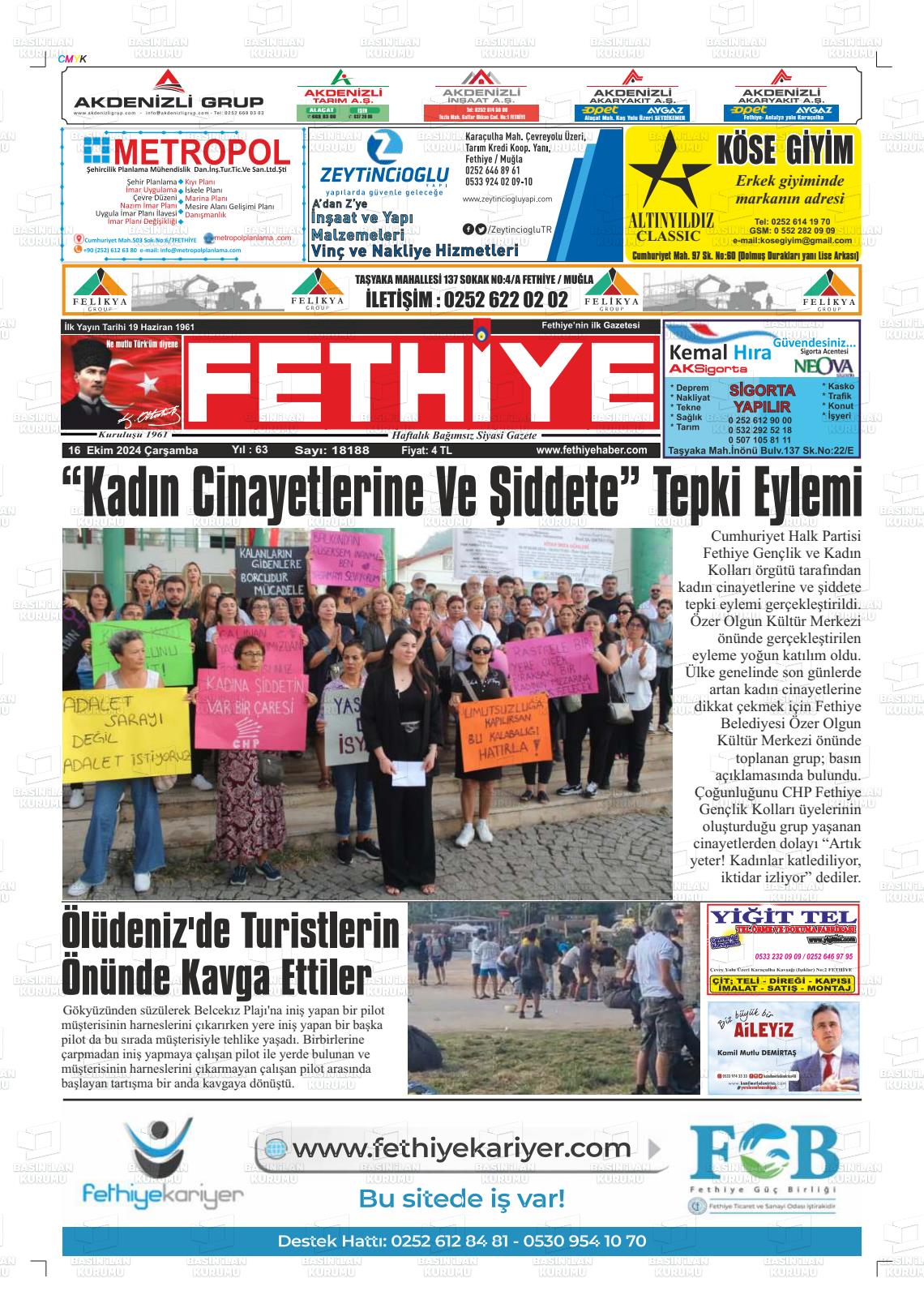 16 Ekim 2024 Fethiye Gazete Manşeti