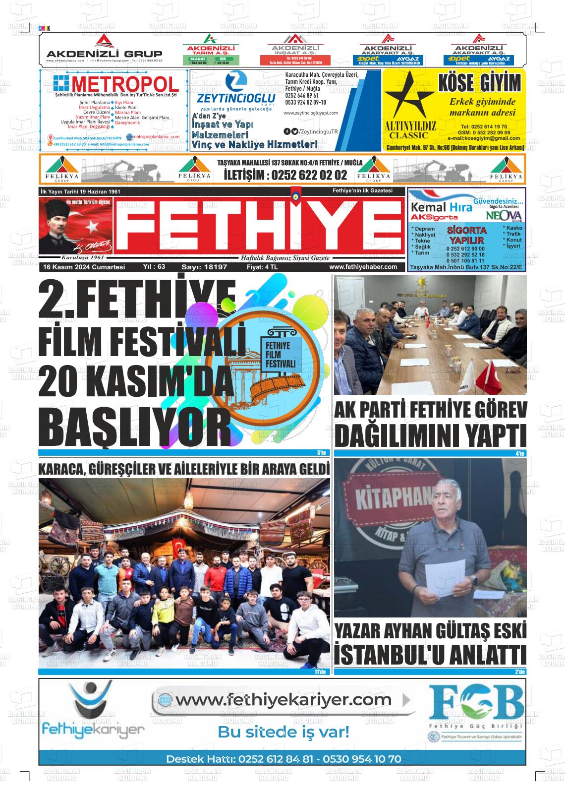 16 Kasım 2024 Fethiye Gazete Manşeti