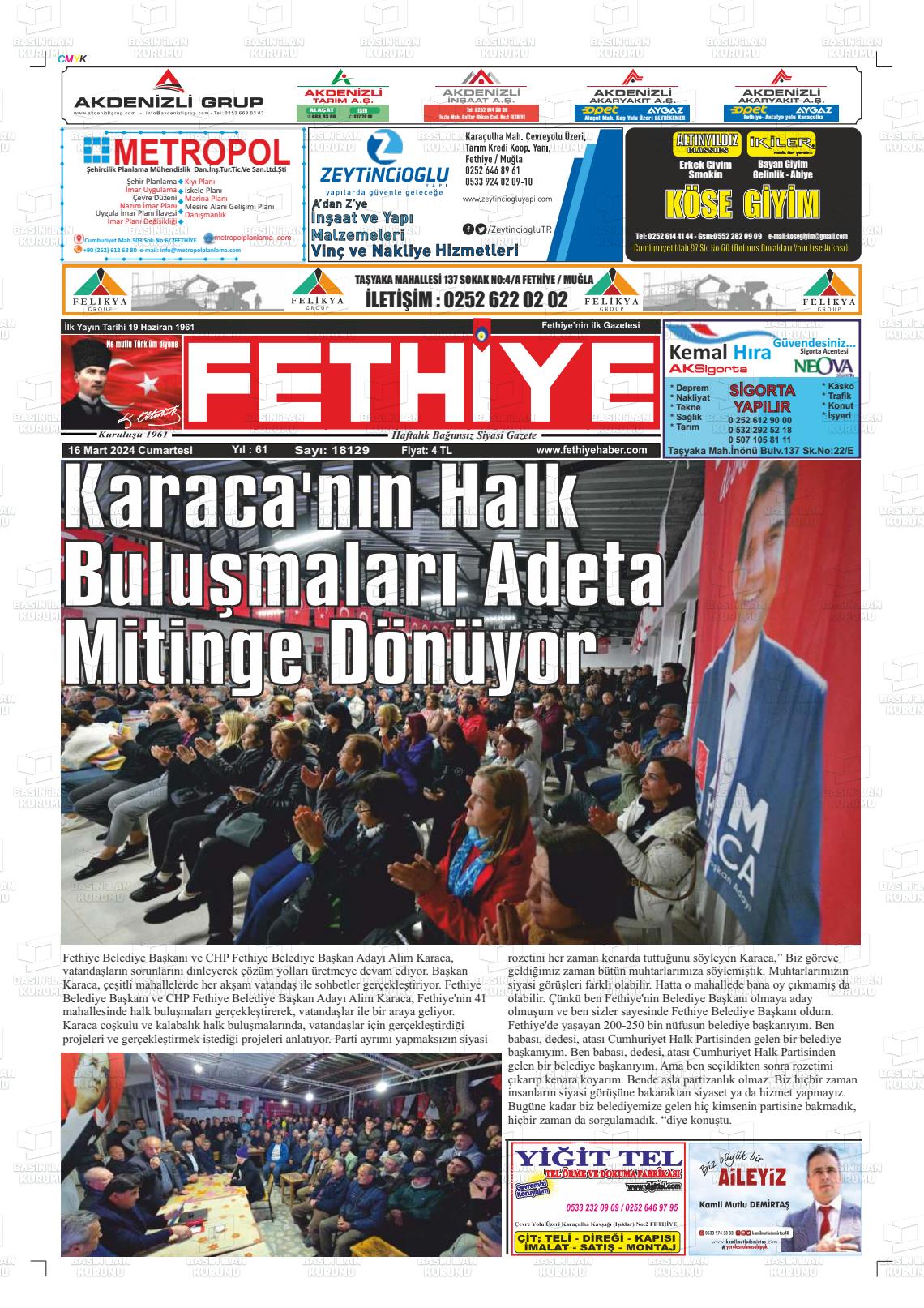 16 Mart 2024 Fethiye Gazete Manşeti