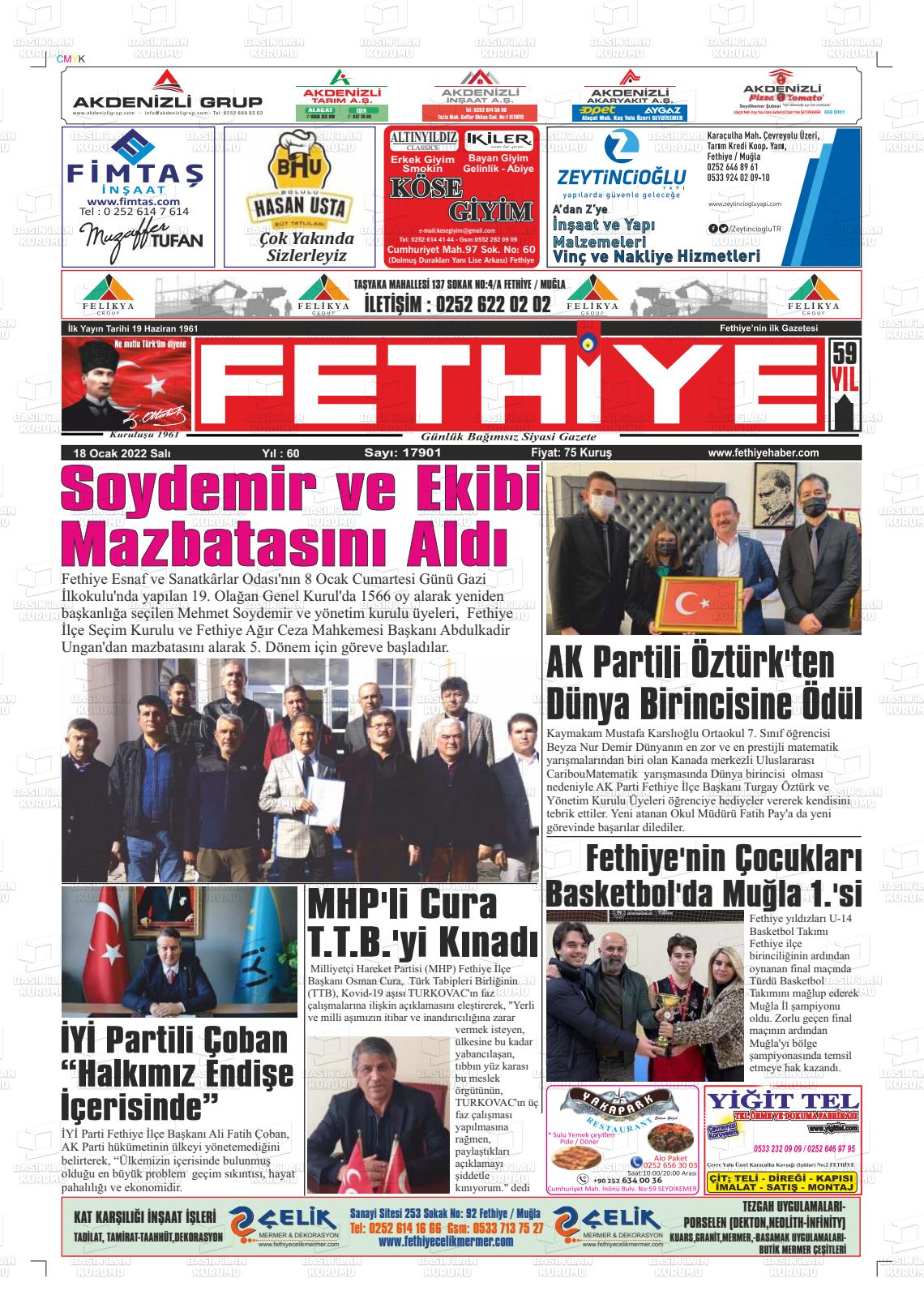 18 Ocak 2022 Fethiye Gazete Manşeti