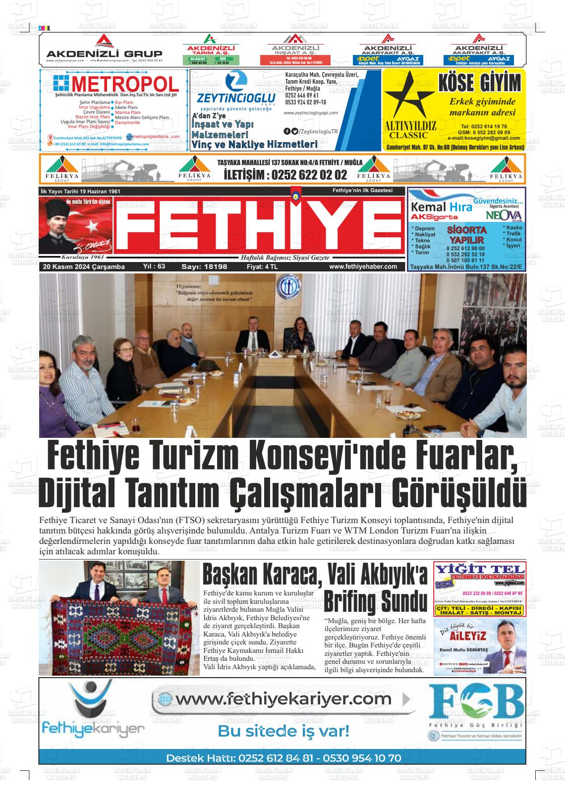 20 Kasım 2024 Fethiye Gazete Manşeti