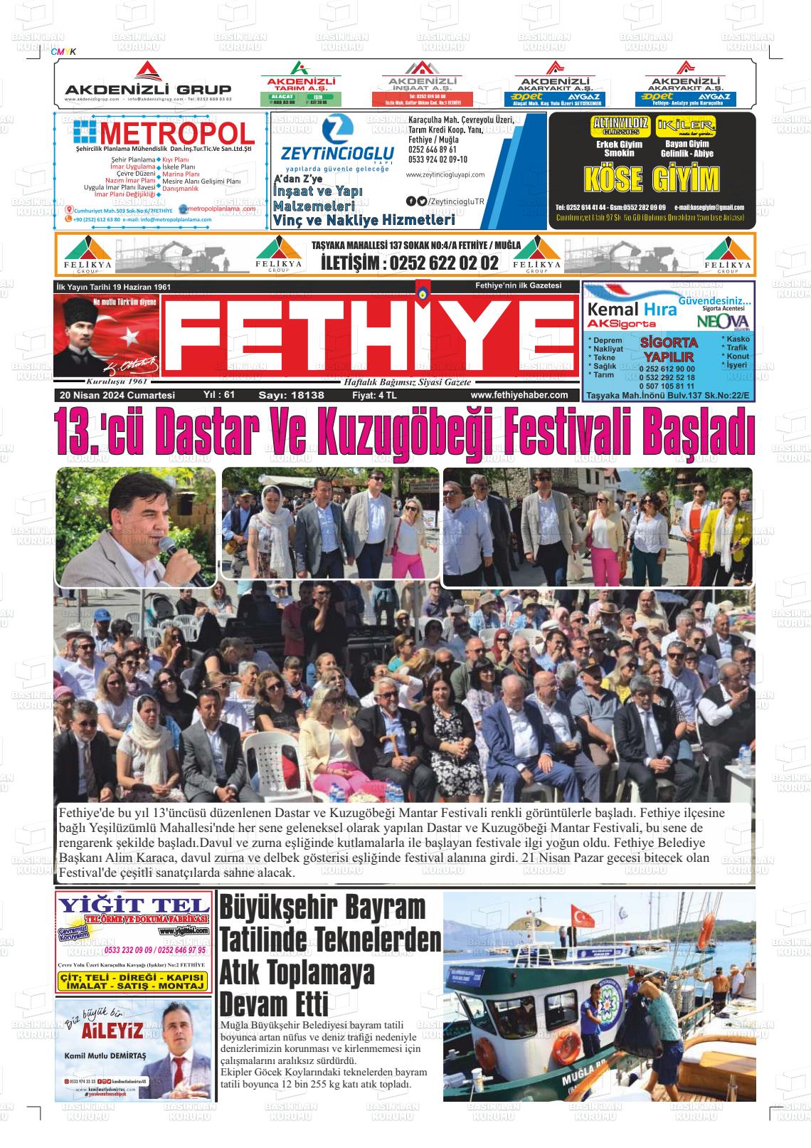 20 Nisan 2024 Fethiye Gazete Manşeti