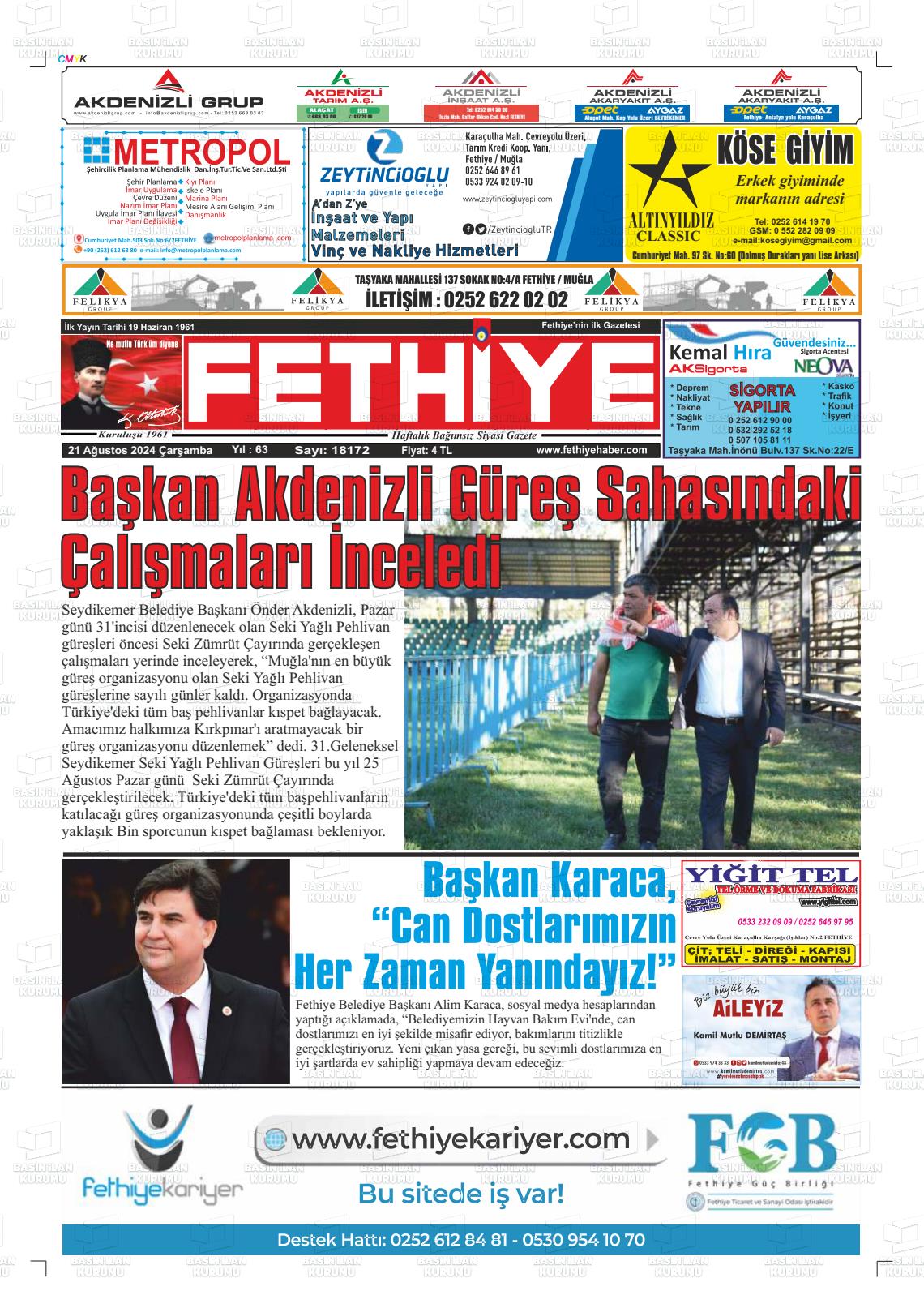 21 Ağustos 2024 Fethiye Gazete Manşeti