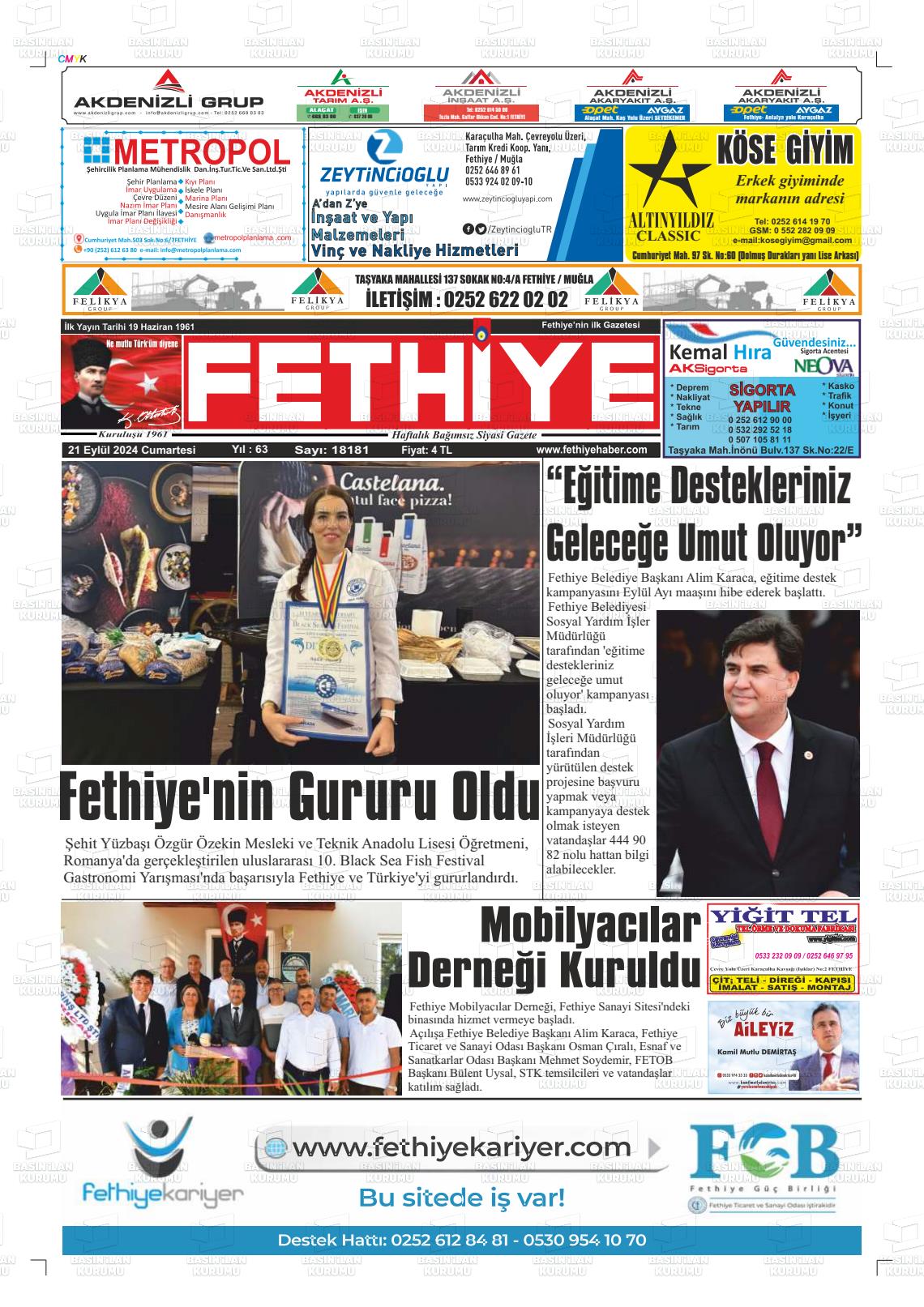 21 Eylül 2024 Fethiye Gazete Manşeti