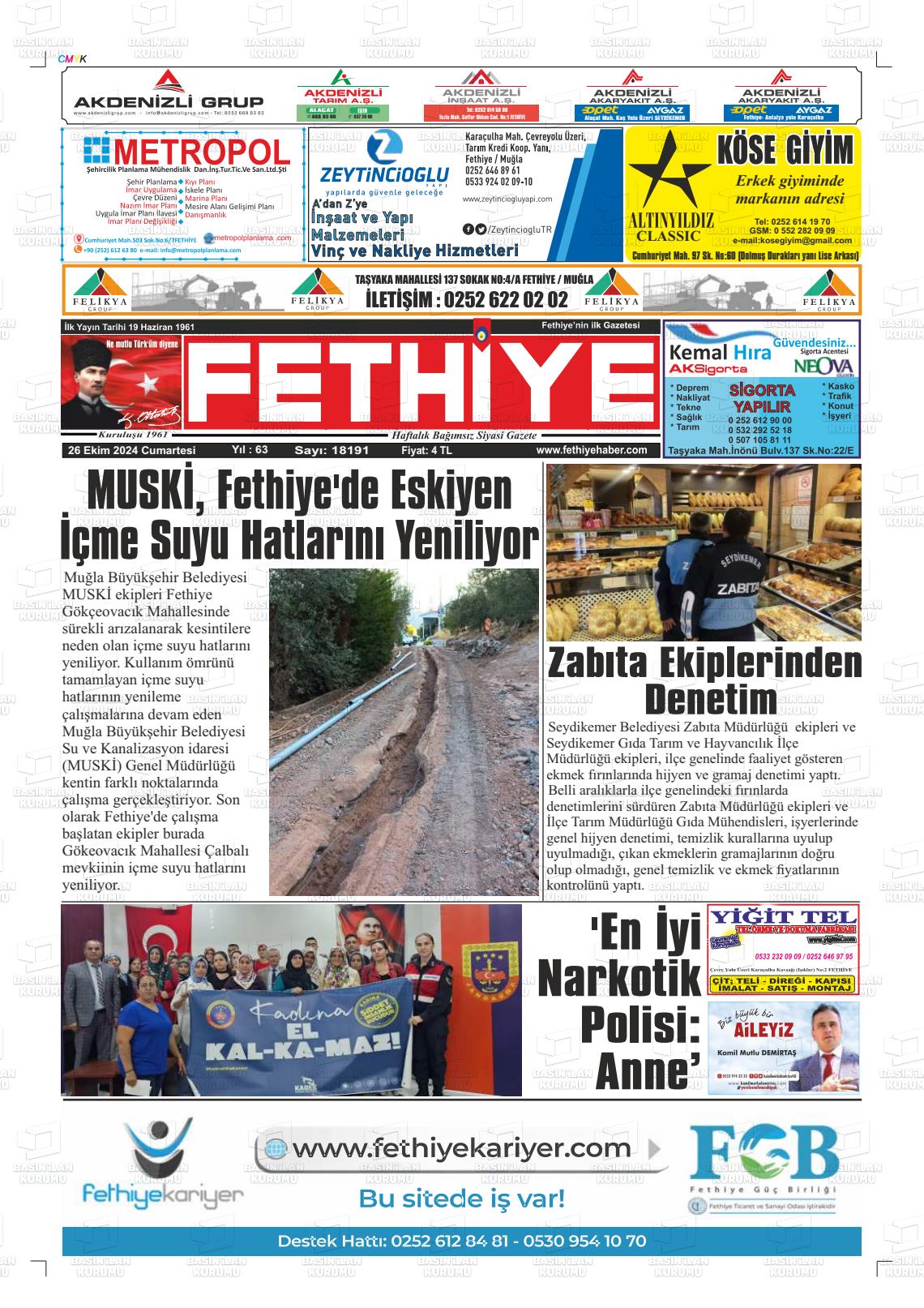 26 Ekim 2024 Fethiye Gazete Manşeti