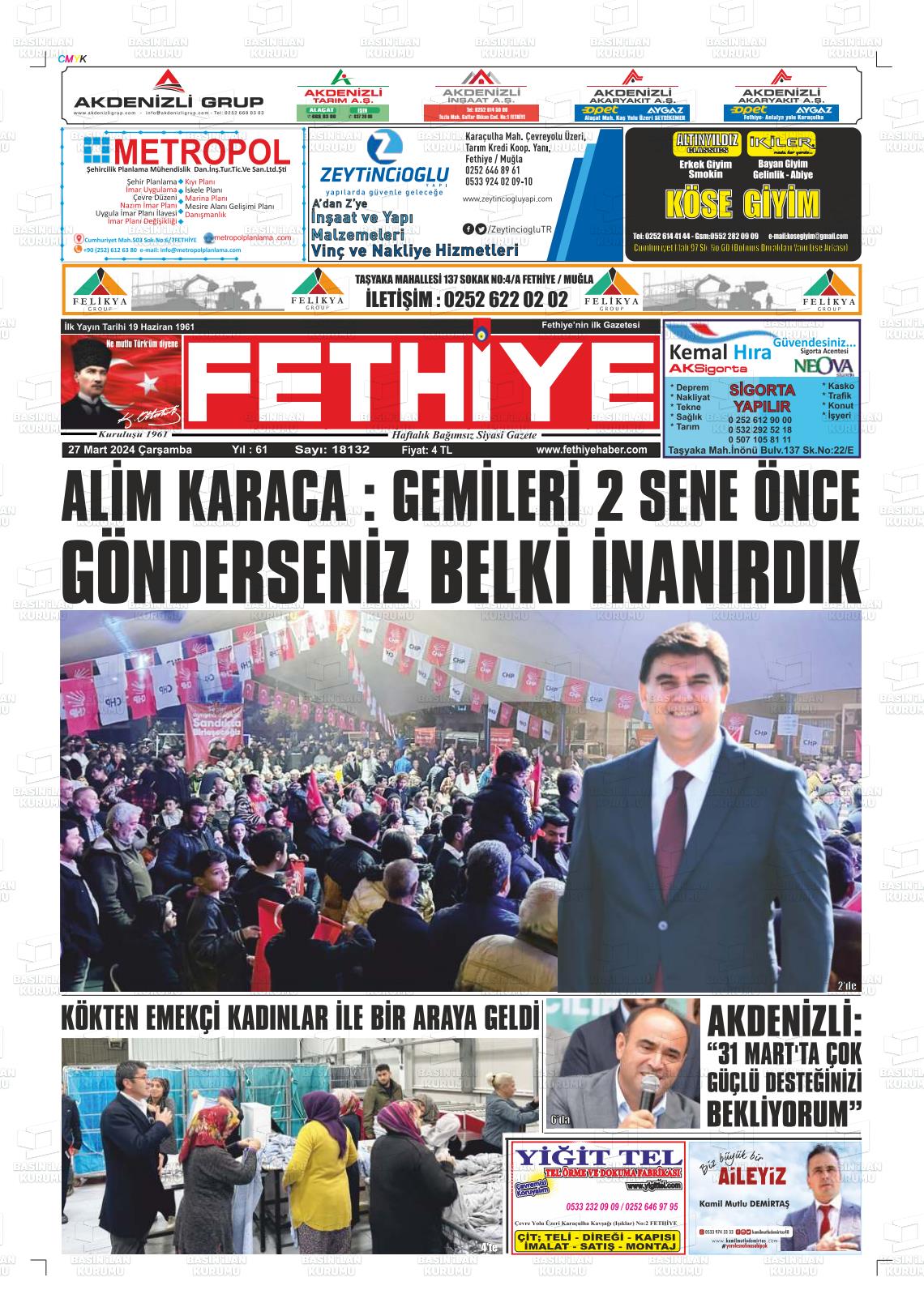 27 Mart 2024 Fethiye Gazete Manşeti