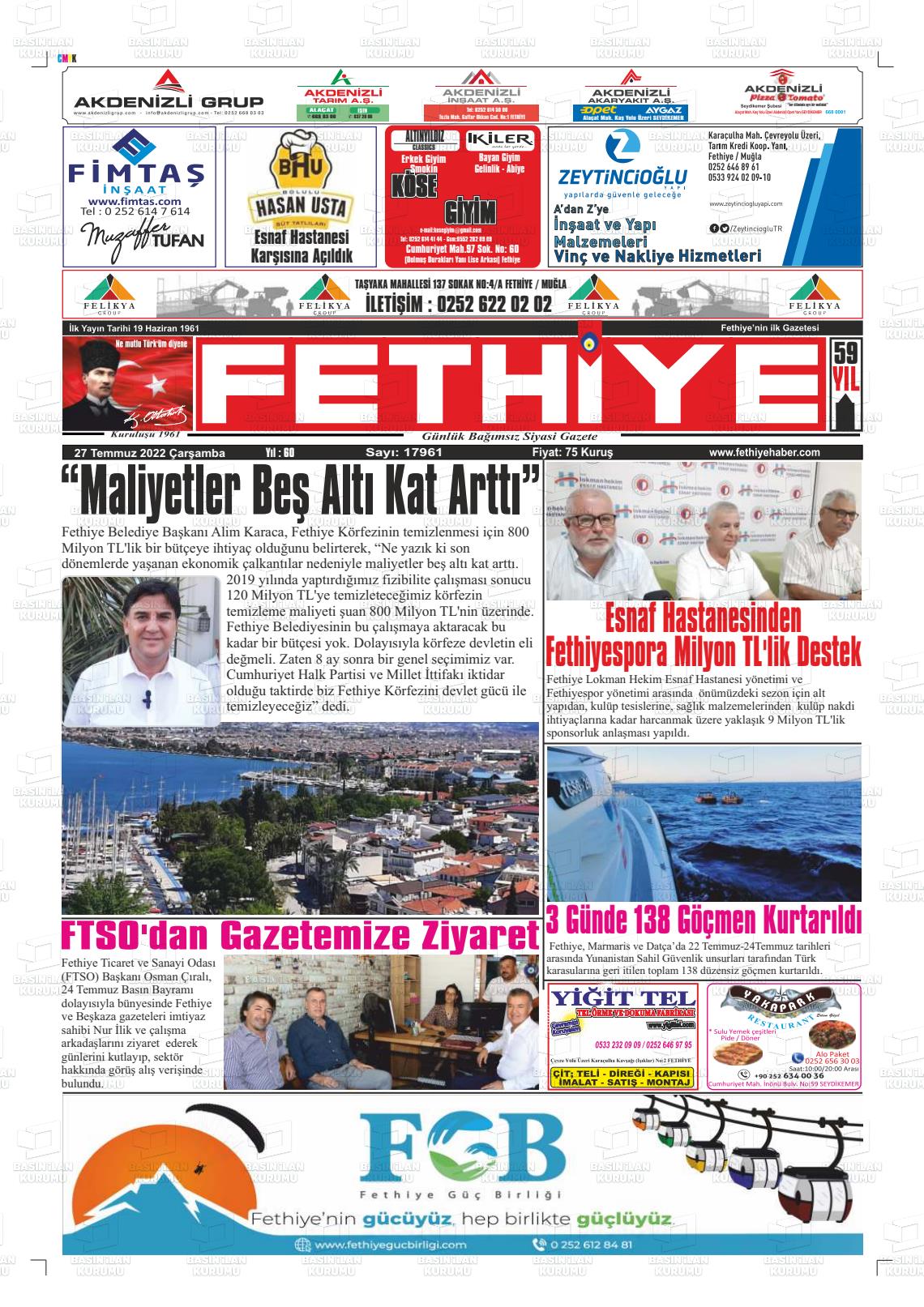 27 Temmuz 2022 Fethiye Gazete Manşeti