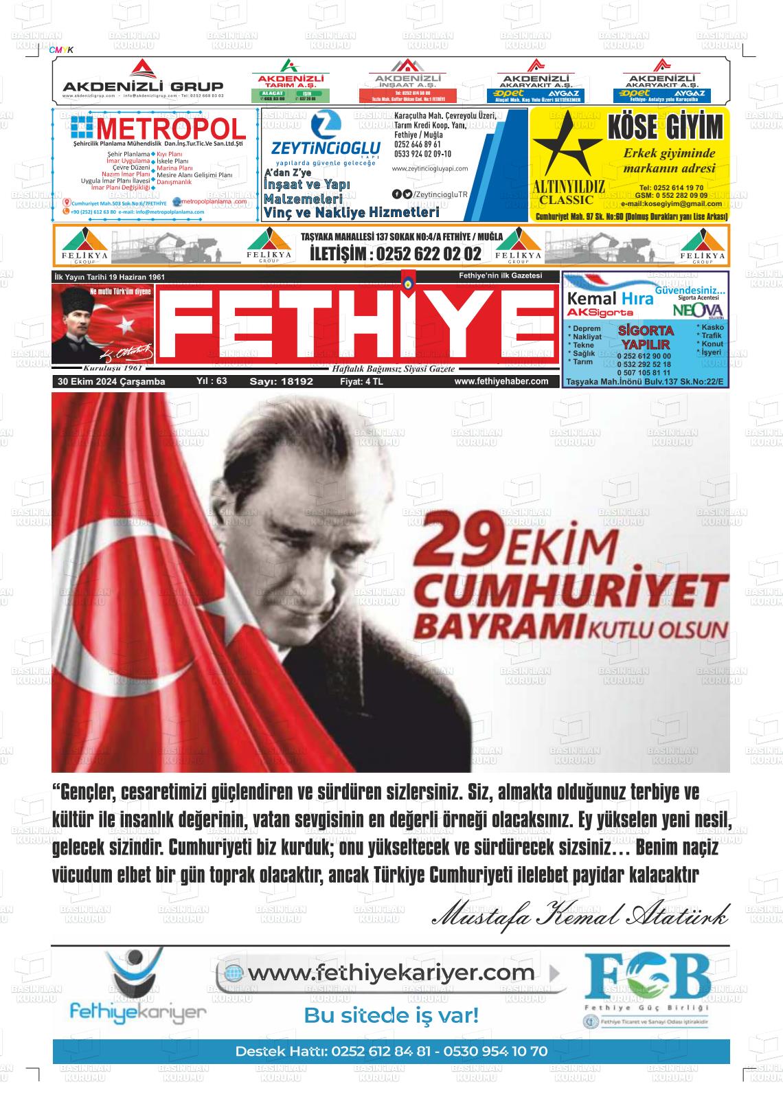 30 Ekim 2024 Fethiye Gazete Manşeti