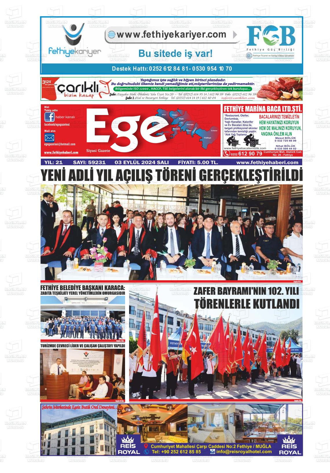 03 Eylül 2024 Ege Fethiye Gazete Manşeti