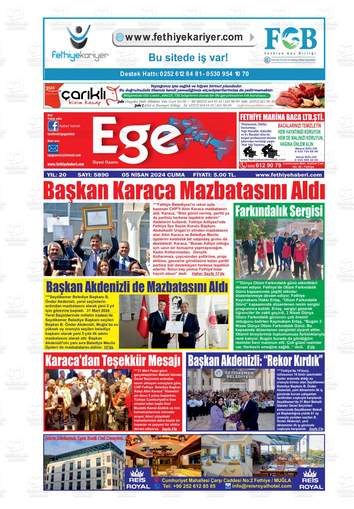 05 Nisan 2024 Ege Fethiye Gazete Manşeti