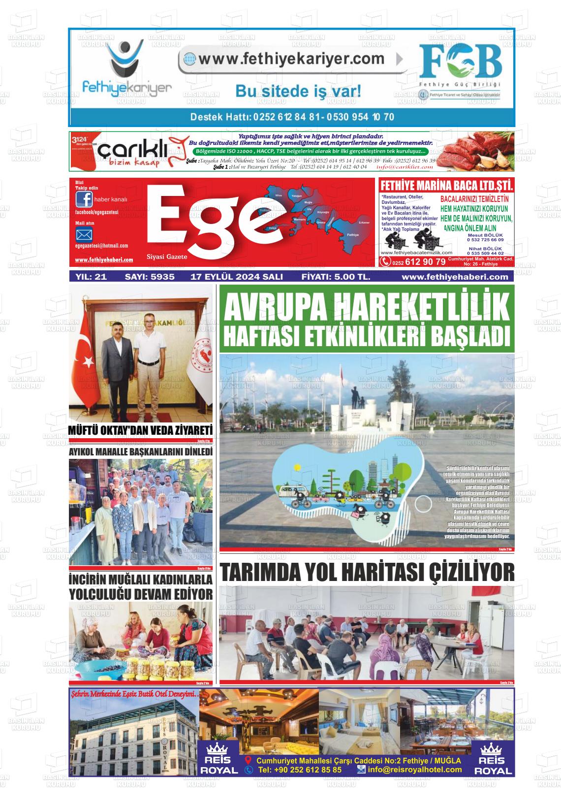 17 Eylül 2024 Ege Fethiye Gazete Manşeti