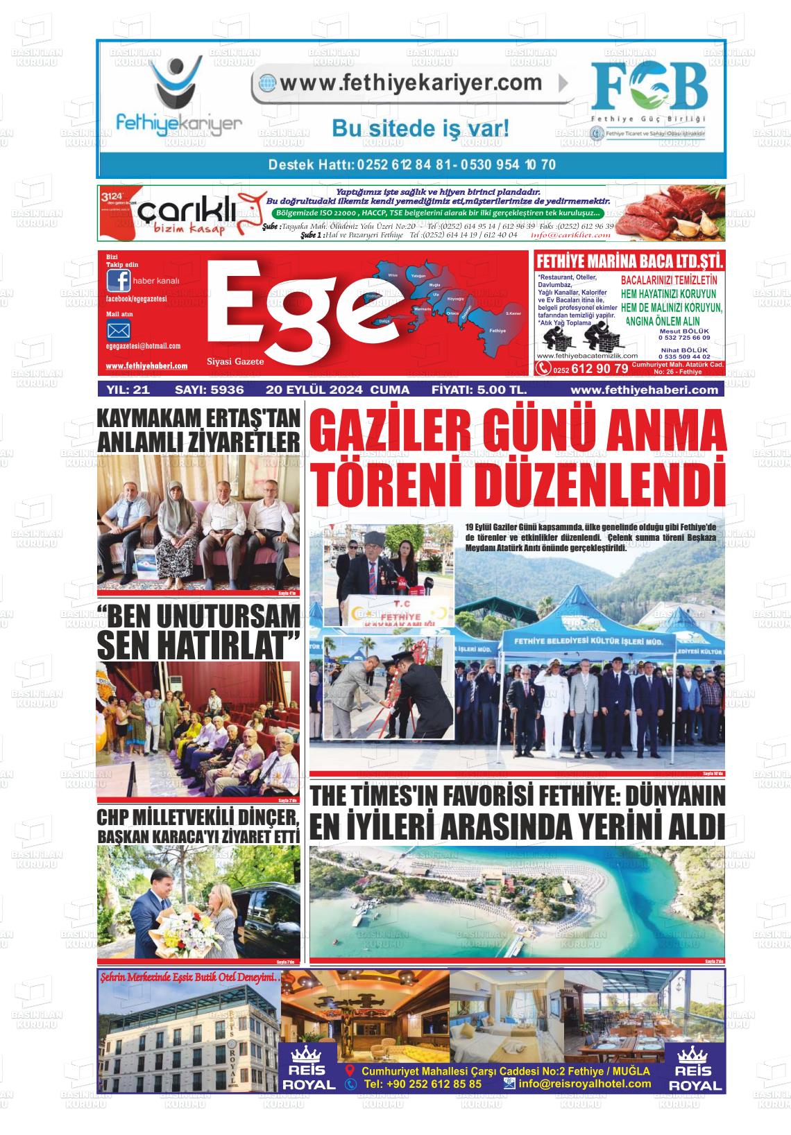 20 Eylül 2024 Ege Fethiye Gazete Manşeti