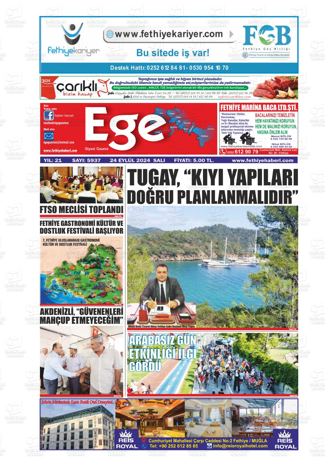 25 Eylül 2024 Ege Fethiye Gazete Manşeti