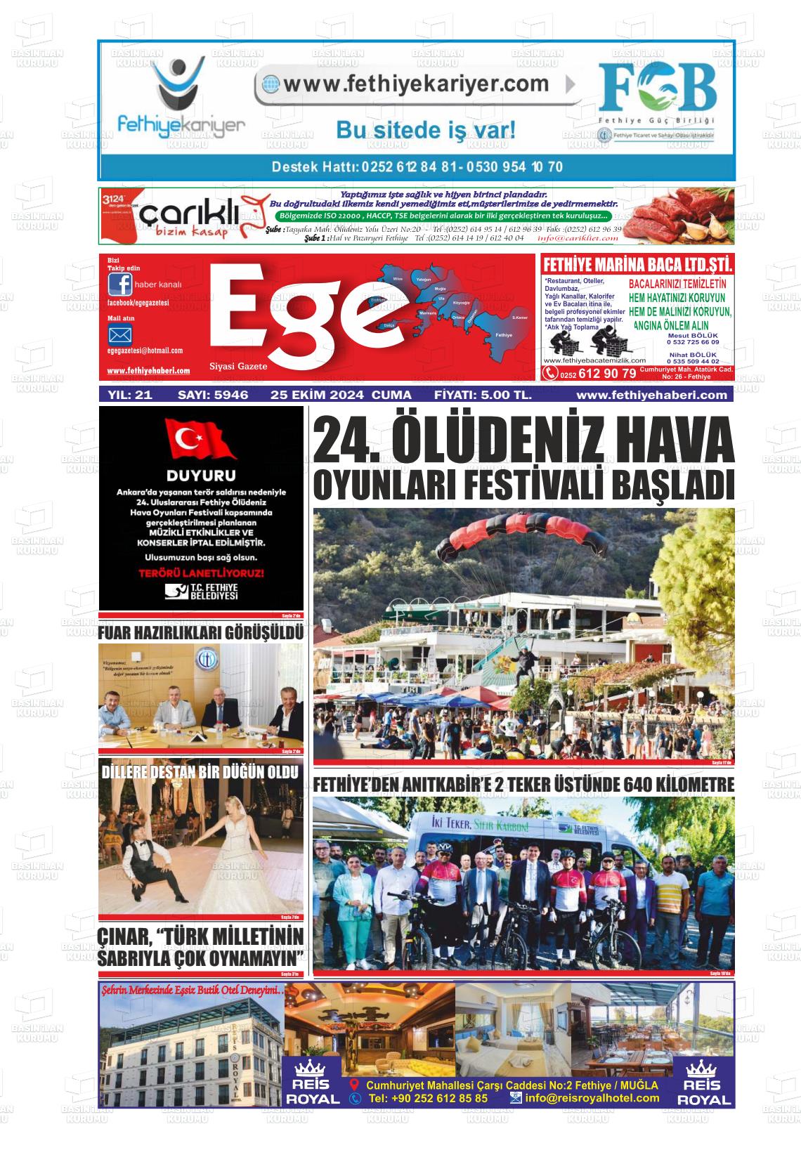 25 Ekim 2024 Ege Fethiye Gazete Manşeti