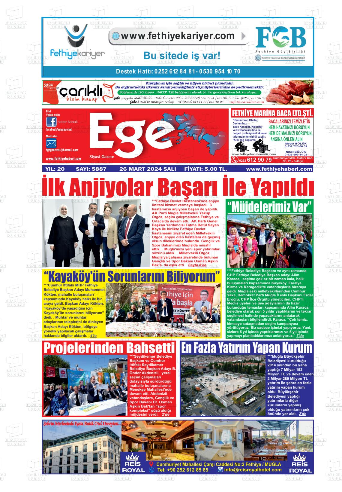 26 Mart 2024 Ege Fethiye Gazete Manşeti