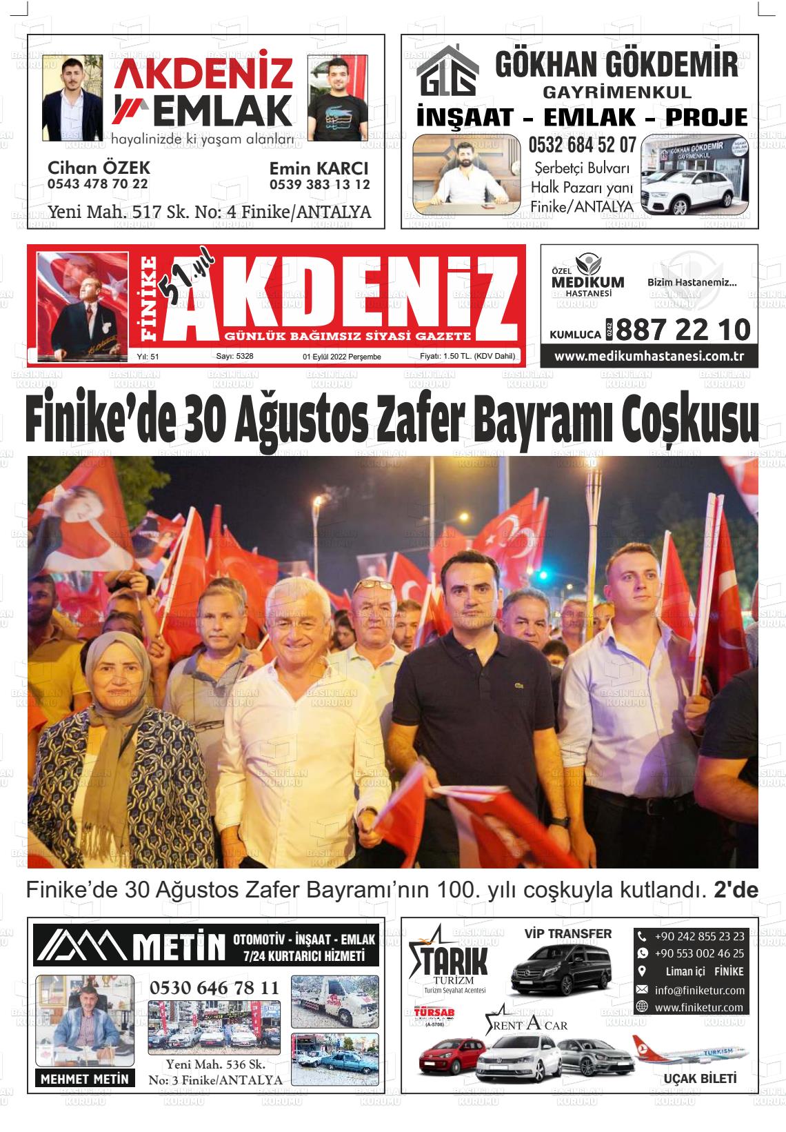 01 Eylül 2022 Finike Akdeniz Gazete Manşeti