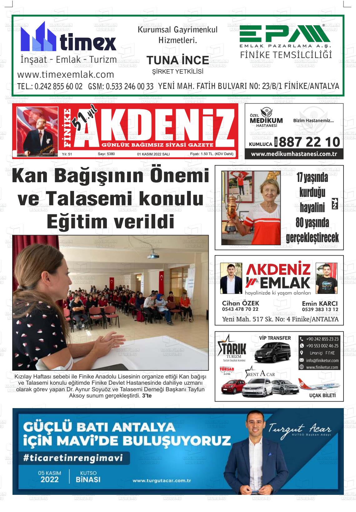 01 Kasım 2022 Finike Akdeniz Gazete Manşeti