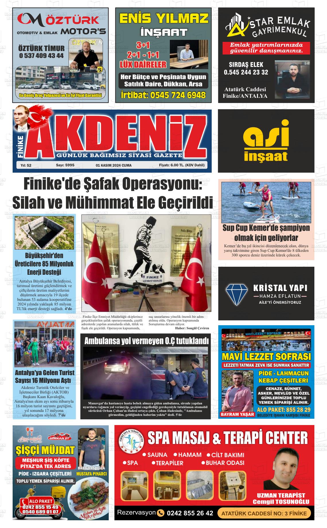 01 Kasım 2024 Finike Akdeniz Gazete Manşeti